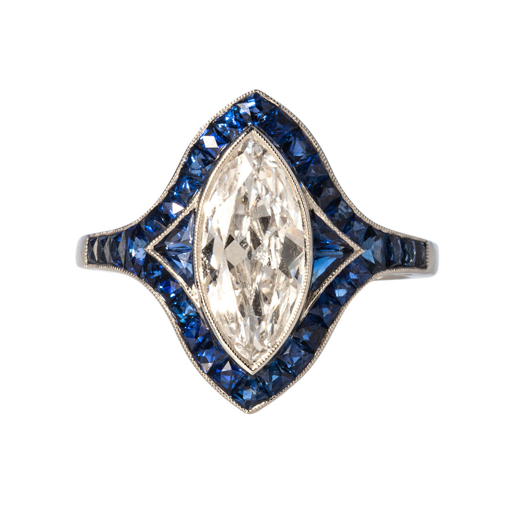 Art Deco Style Marquise Diamond and Blue Sapphire Platinum Ring