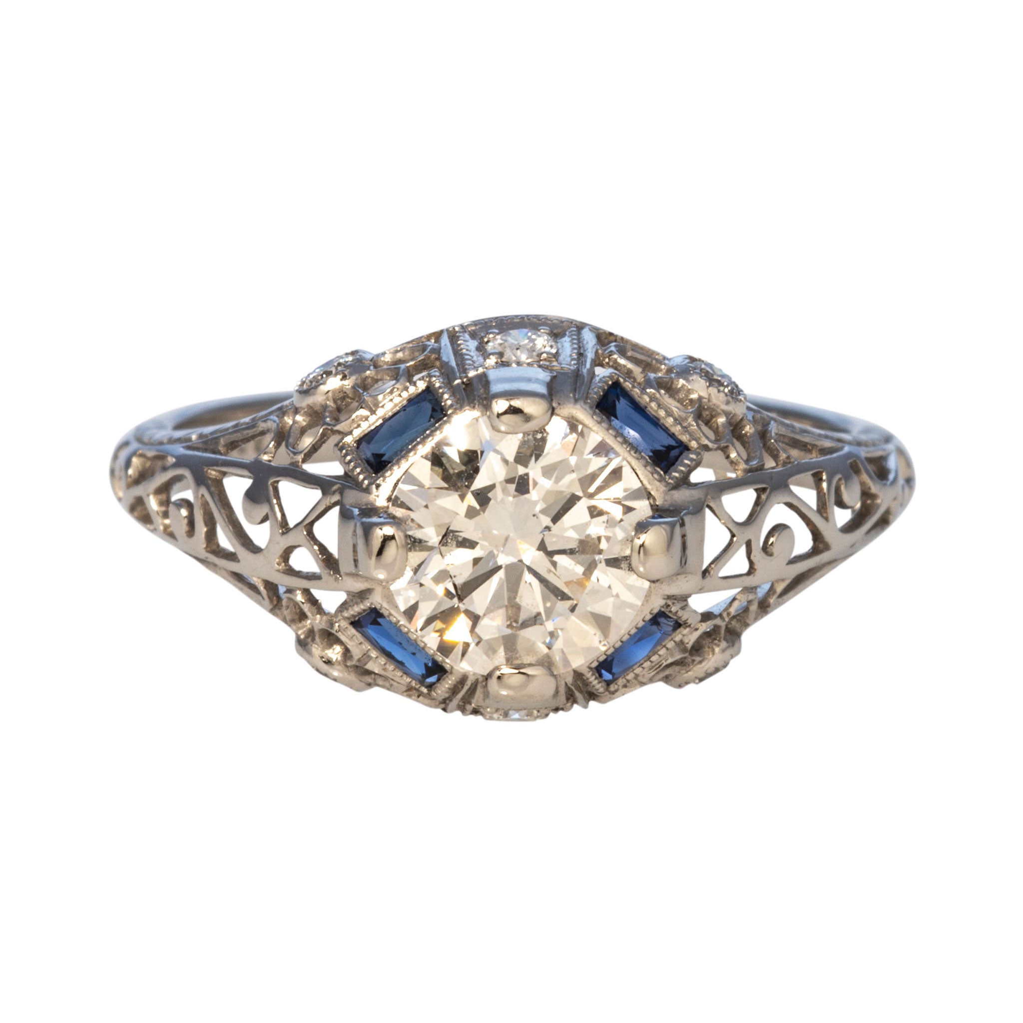 Art Deco Style 1ct Diamond & Sapphire Platinum Filigree Ring