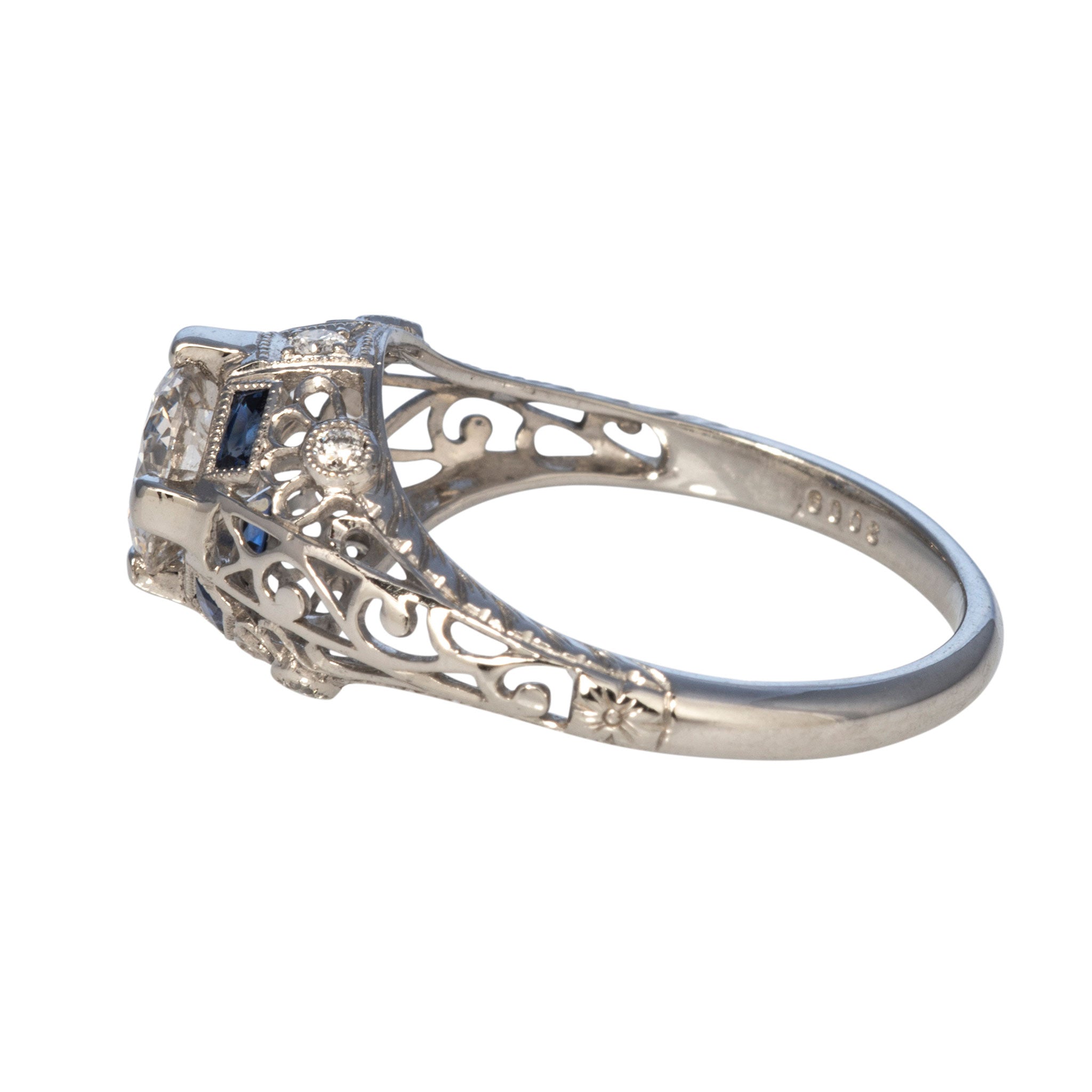 Art Deco Style 1ct Diamond & Sapphire Platinum Filigree Ring