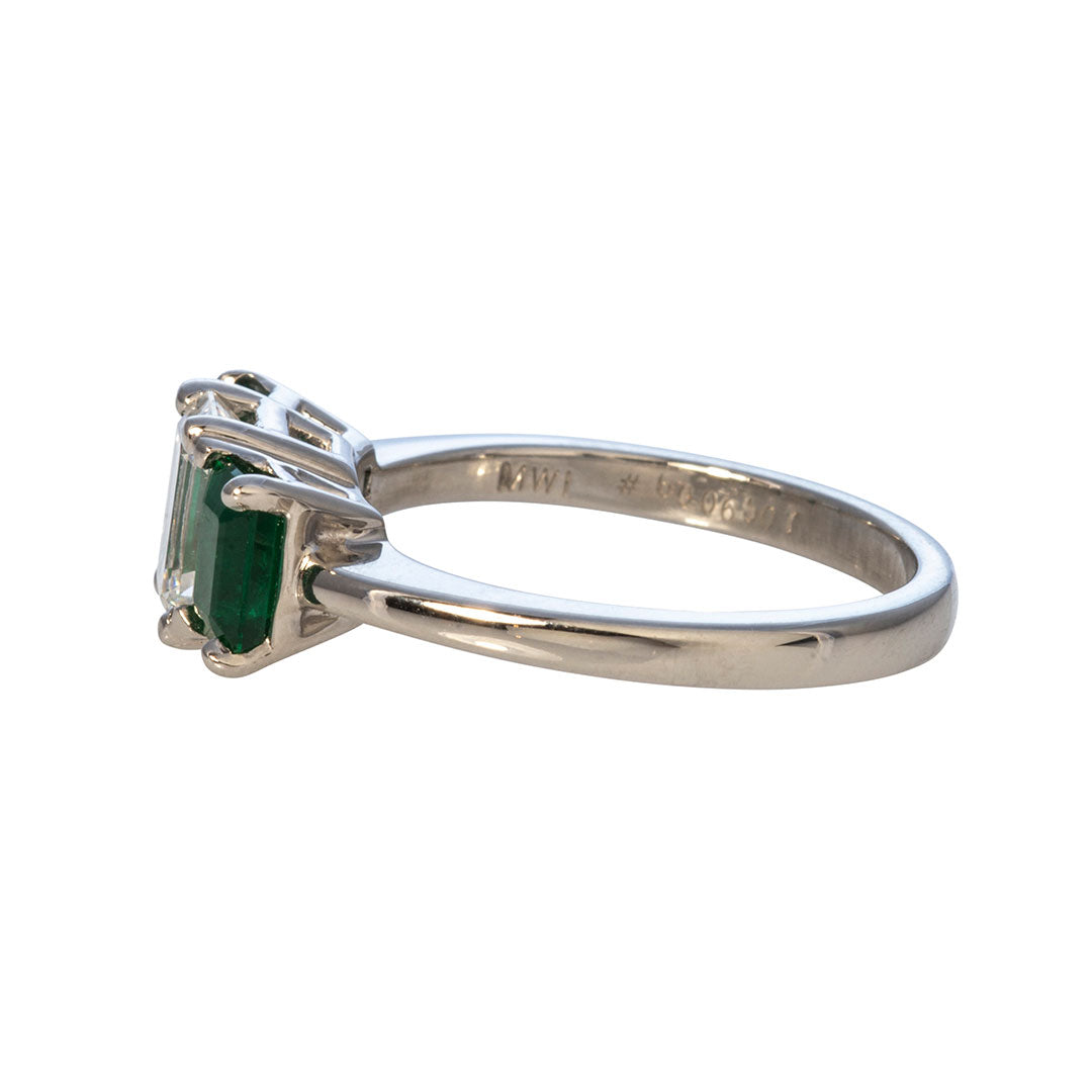 Emerald Cut Diamond & Emerald Platinum Engagement Ring