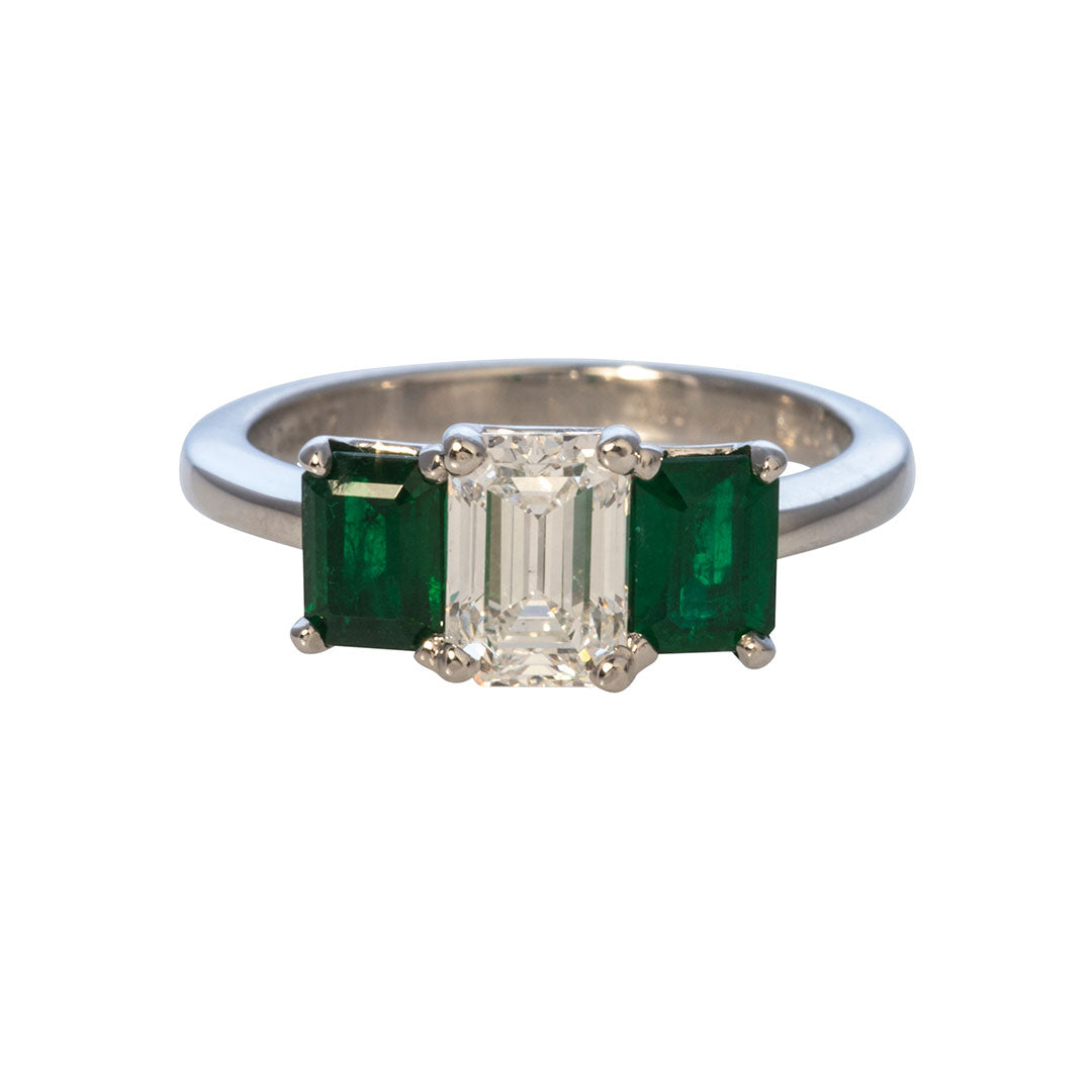 Emerald Cut Diamond & Emerald Platinum Engagement Ring