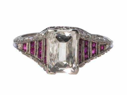 Art Deco Diamond and Ruby Platinum Filigree Ring