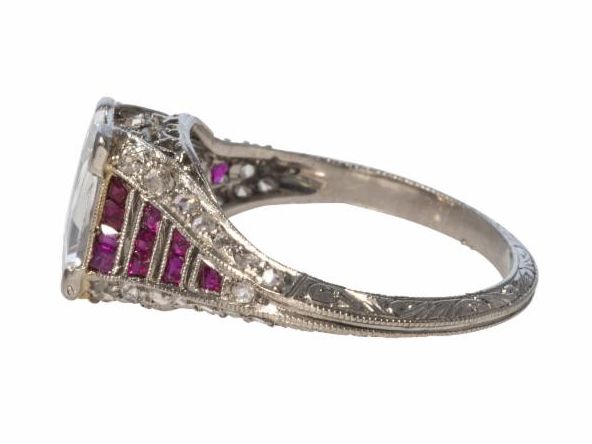 Art Deco Diamond and Ruby Platinum Filigree Ring