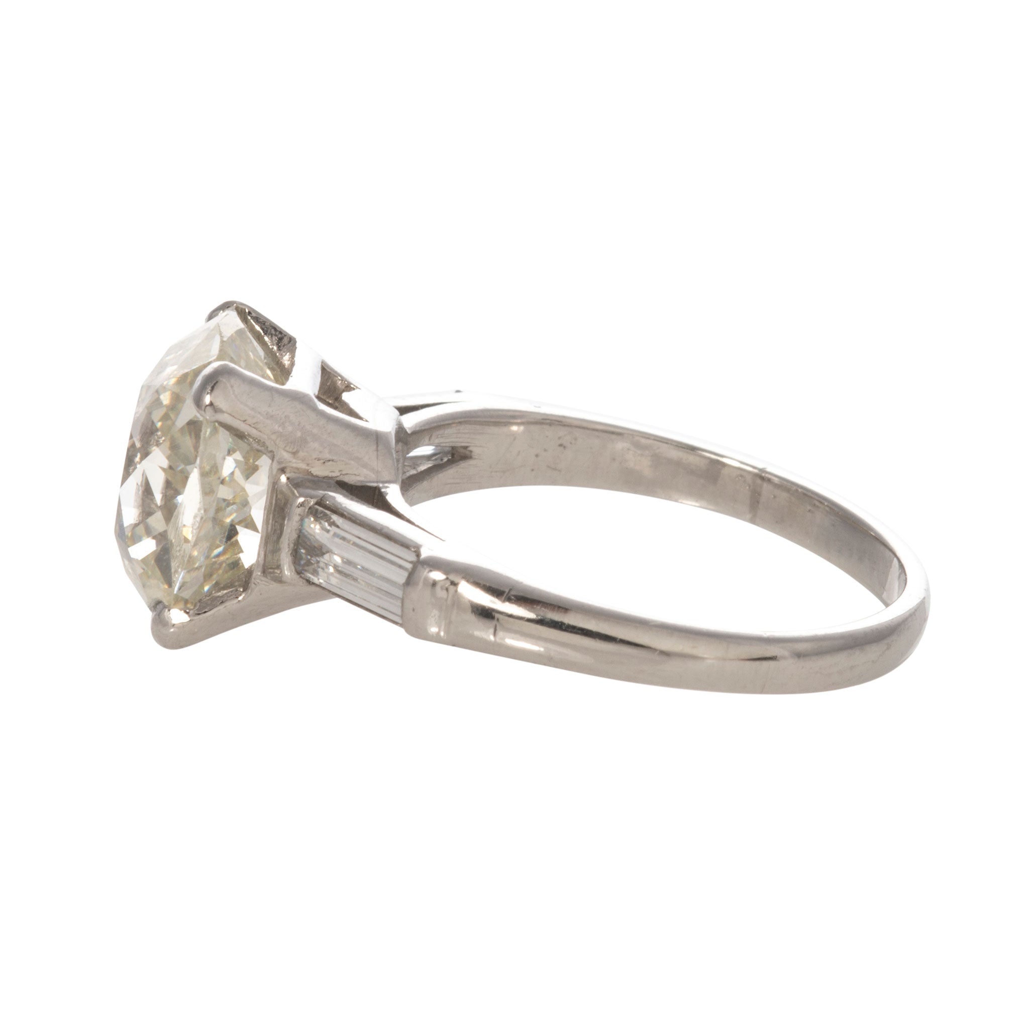 Estate 4.26ct Cushion Center & .50ct Baguette Side Diamond Platinum Ring