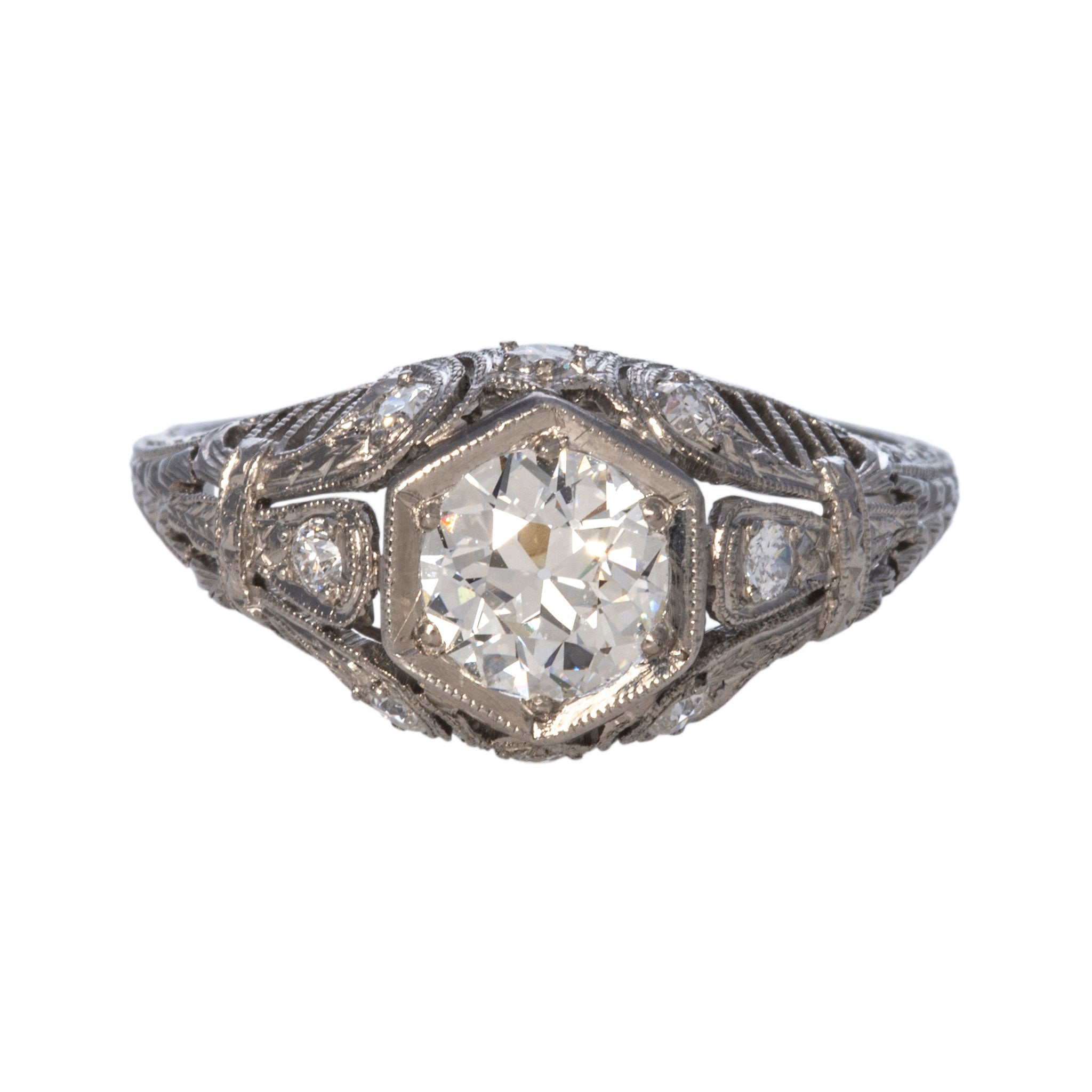 Art Deco 1.09ctw Old Mine Cut Diamond Platinum Filigree Ring