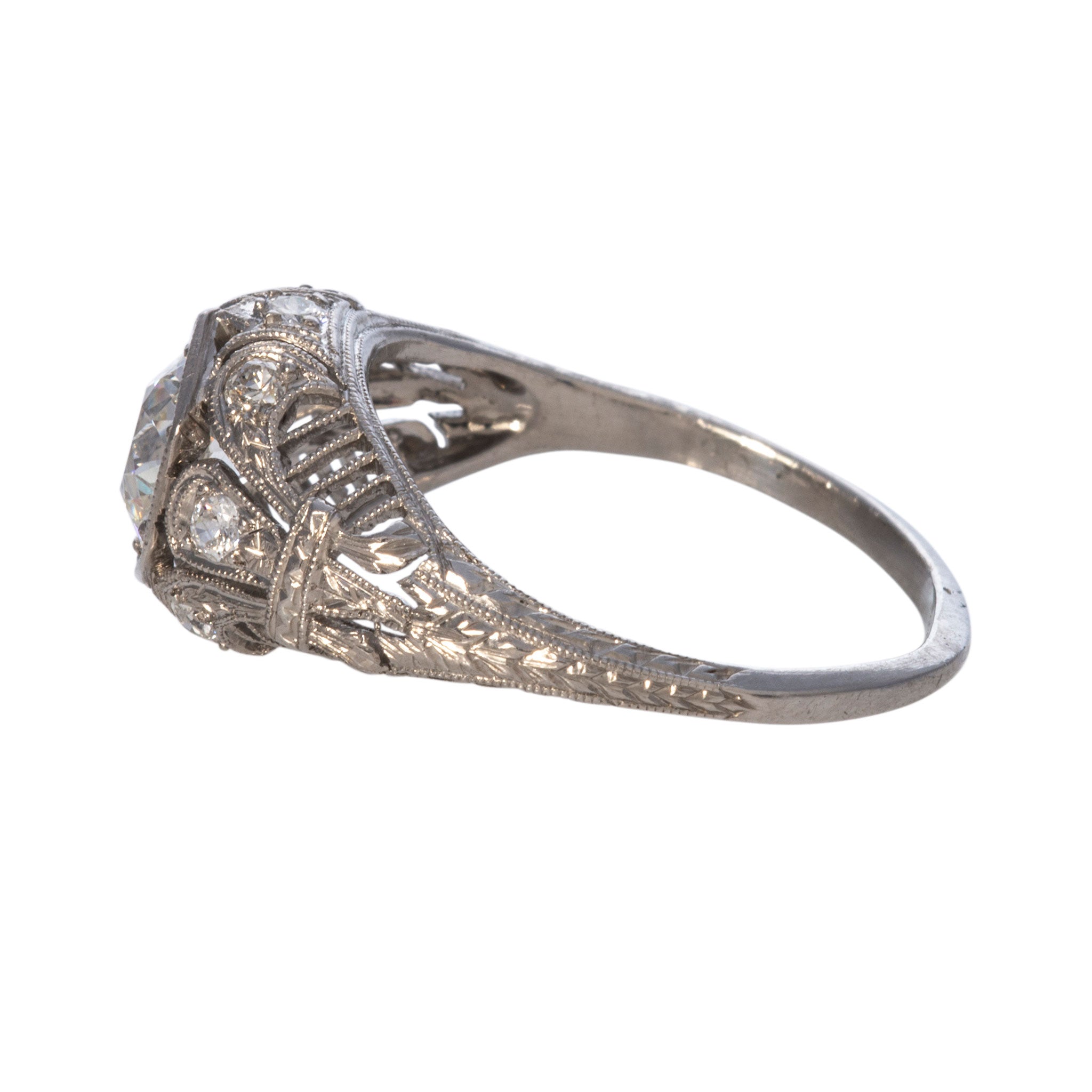 Art Deco 1.09ctw Old Mine Cut Diamond Platinum Filigree Ring