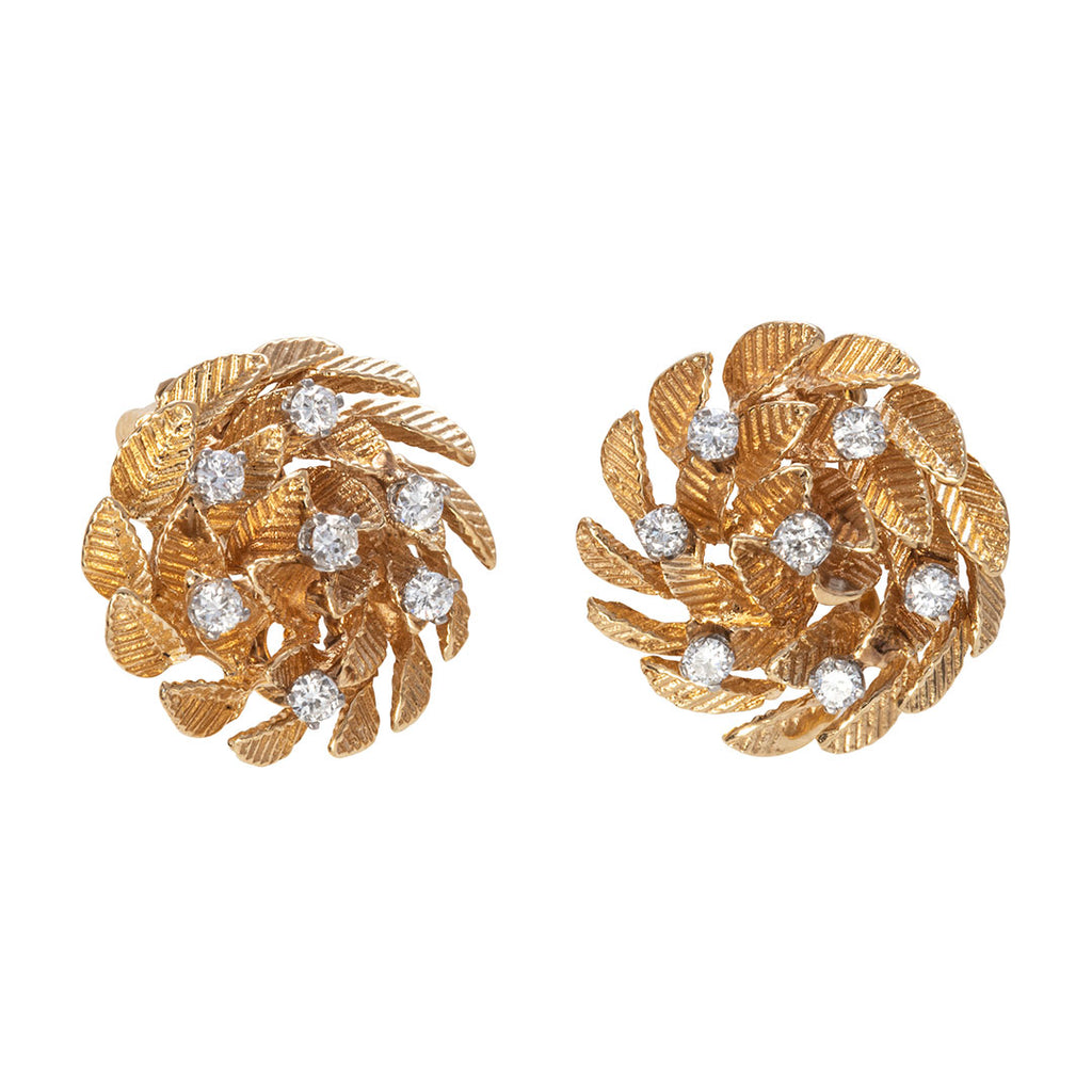 Estate Diamond 14K Gold Leaf Swirl Clip Earrings