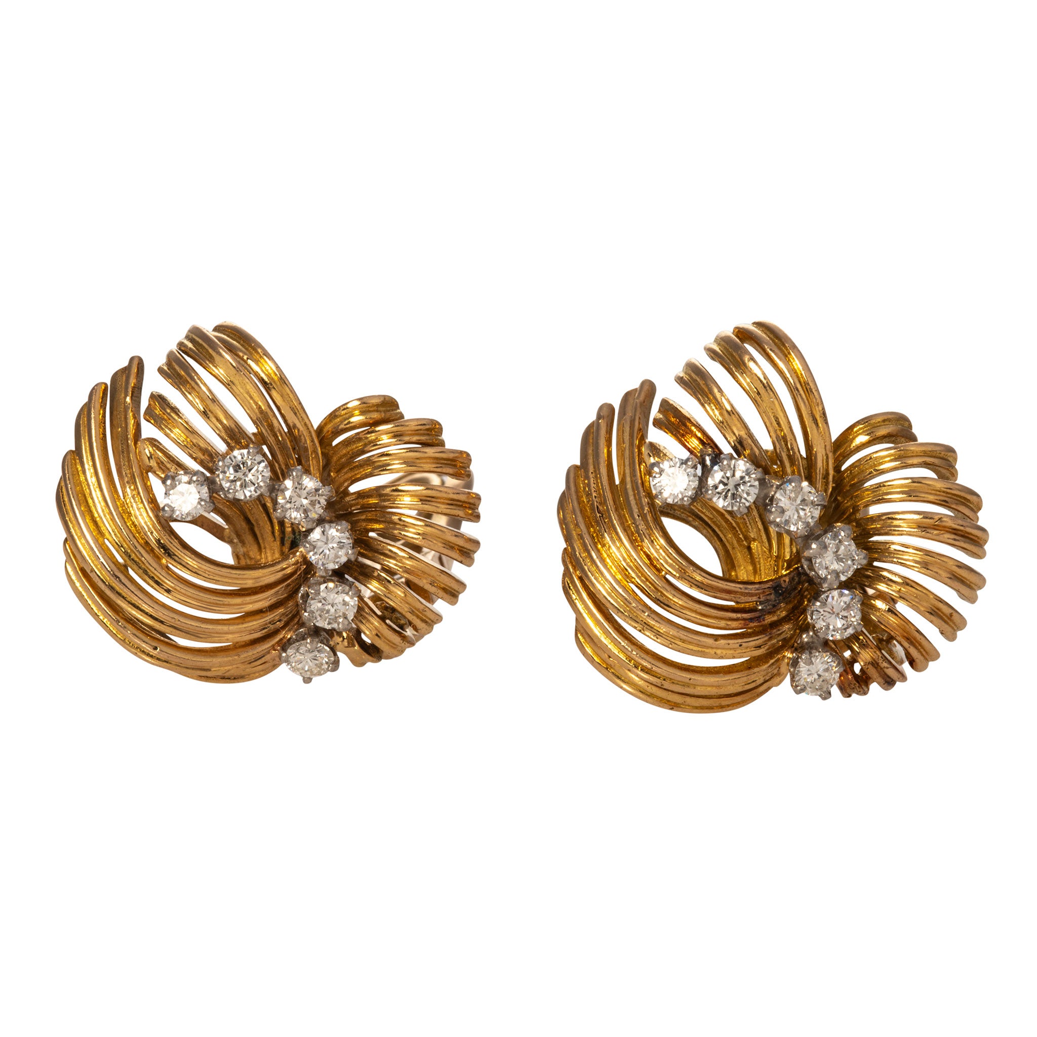 Estate Diamond 18K Gold Fan Clip On Earrings