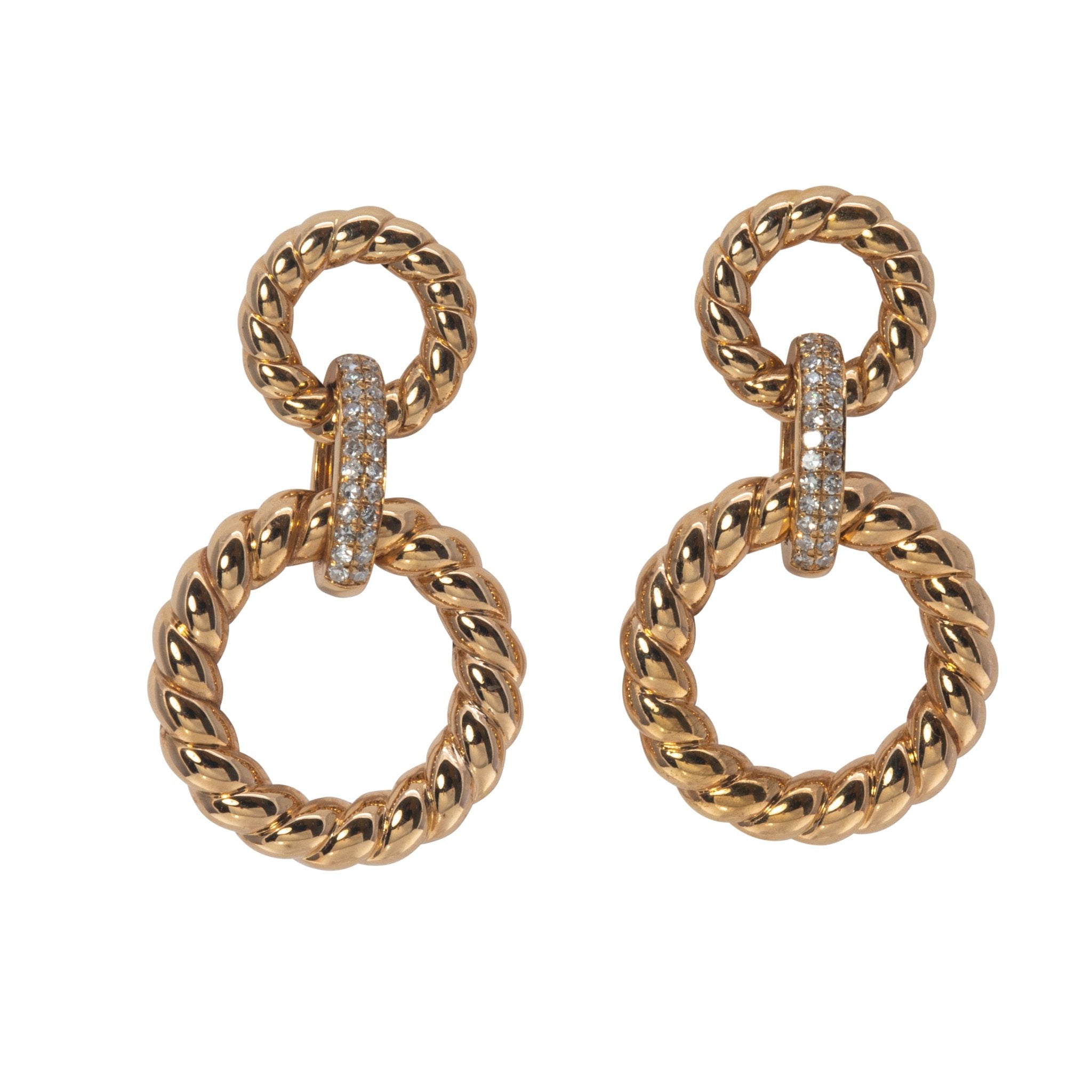 Diamond 14K Gold Rope Circle Link Double Drop Earrings