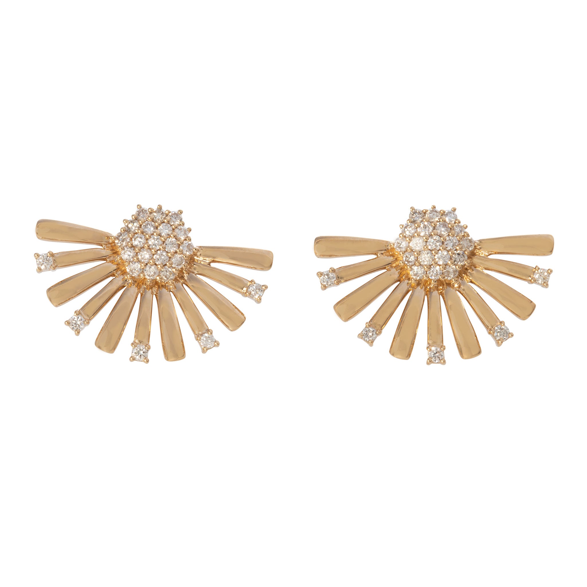 Diamond Cluster 14K Yellow Gold Fan Earrings Starburst Firework Sun Rays