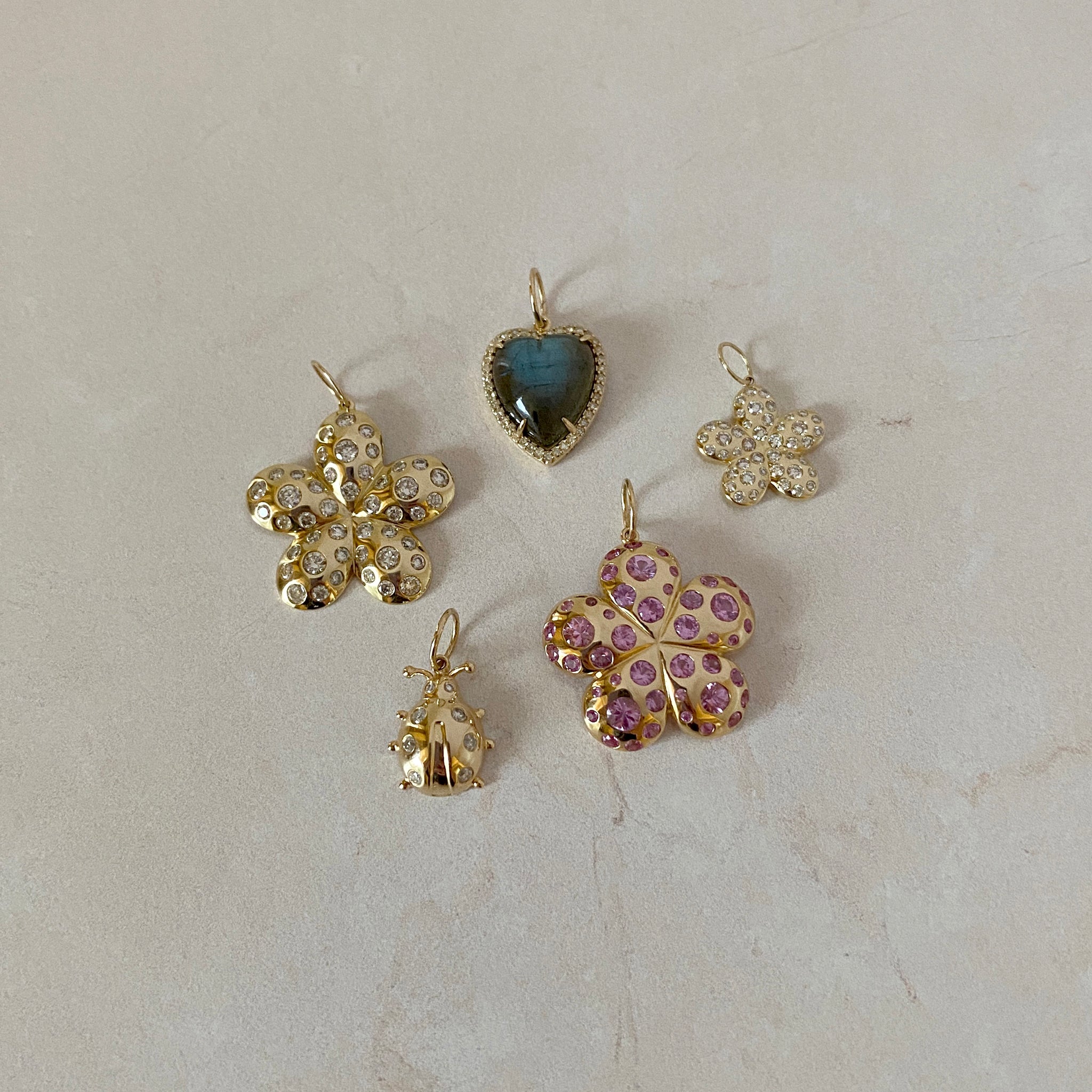 2.45ctw Diamond 14K Yellow Gold Flower Pendant, 2.75ctw Pink Sapphire 14K Yellow Gold Flower Pendant, Diamond 14K Yellow Gold Ladybug Charm, Labradorite Heart & Pavé Diamond 14K Gold Pendant