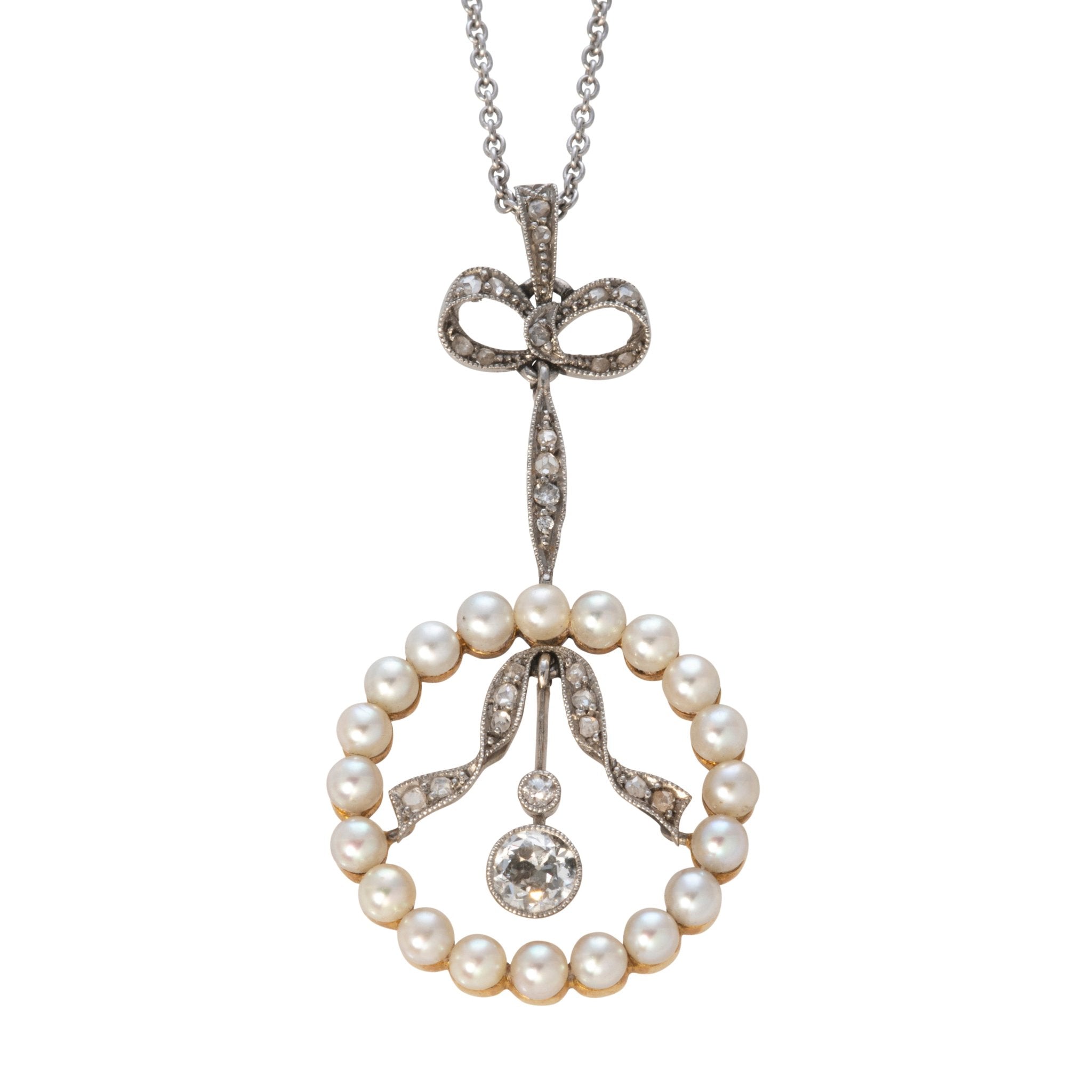 Edwardian Diamond & Seed Pearl Bow Drop Pendant Necklace