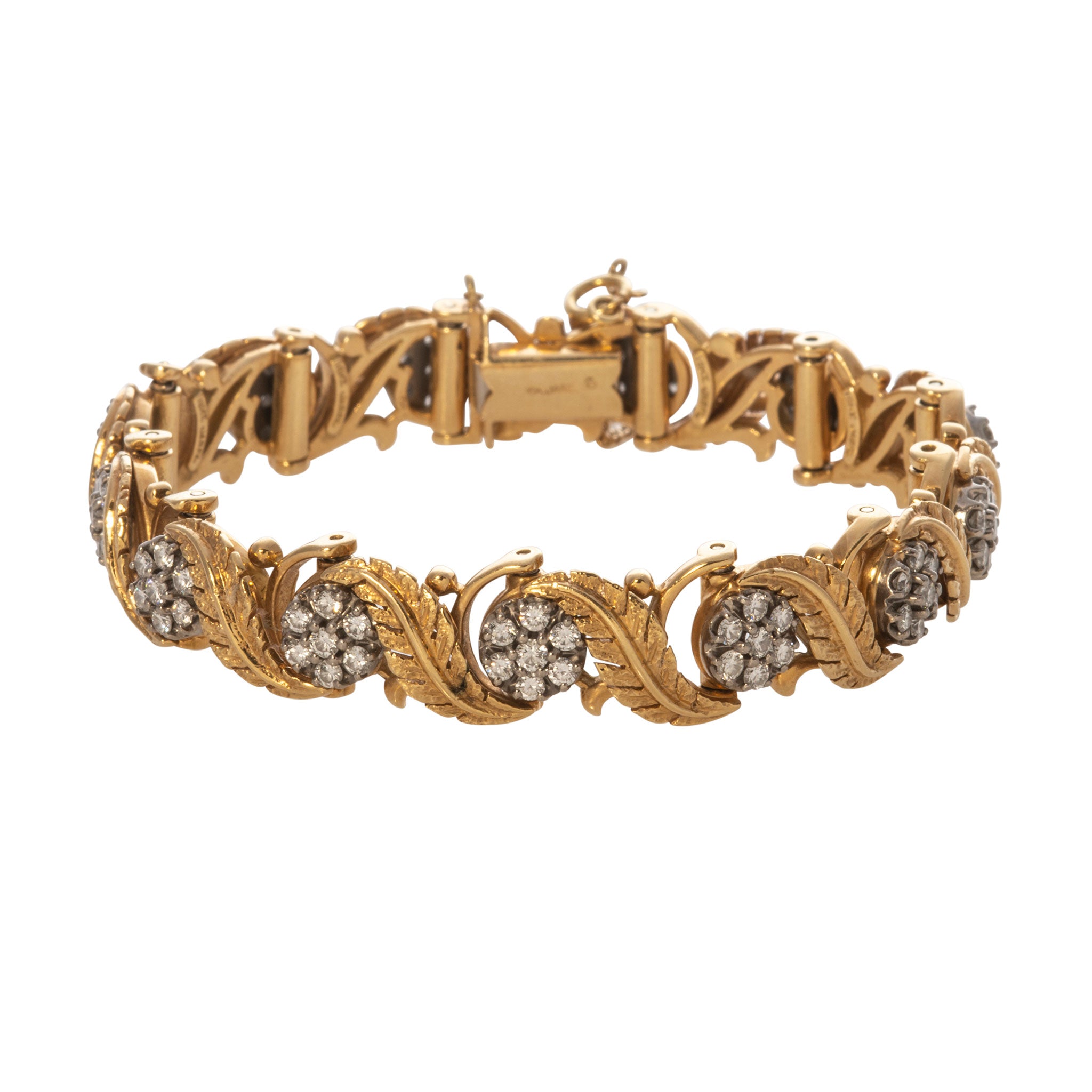 Estate Floral Diamond Cluster 18K Gold Leaf Bracelet