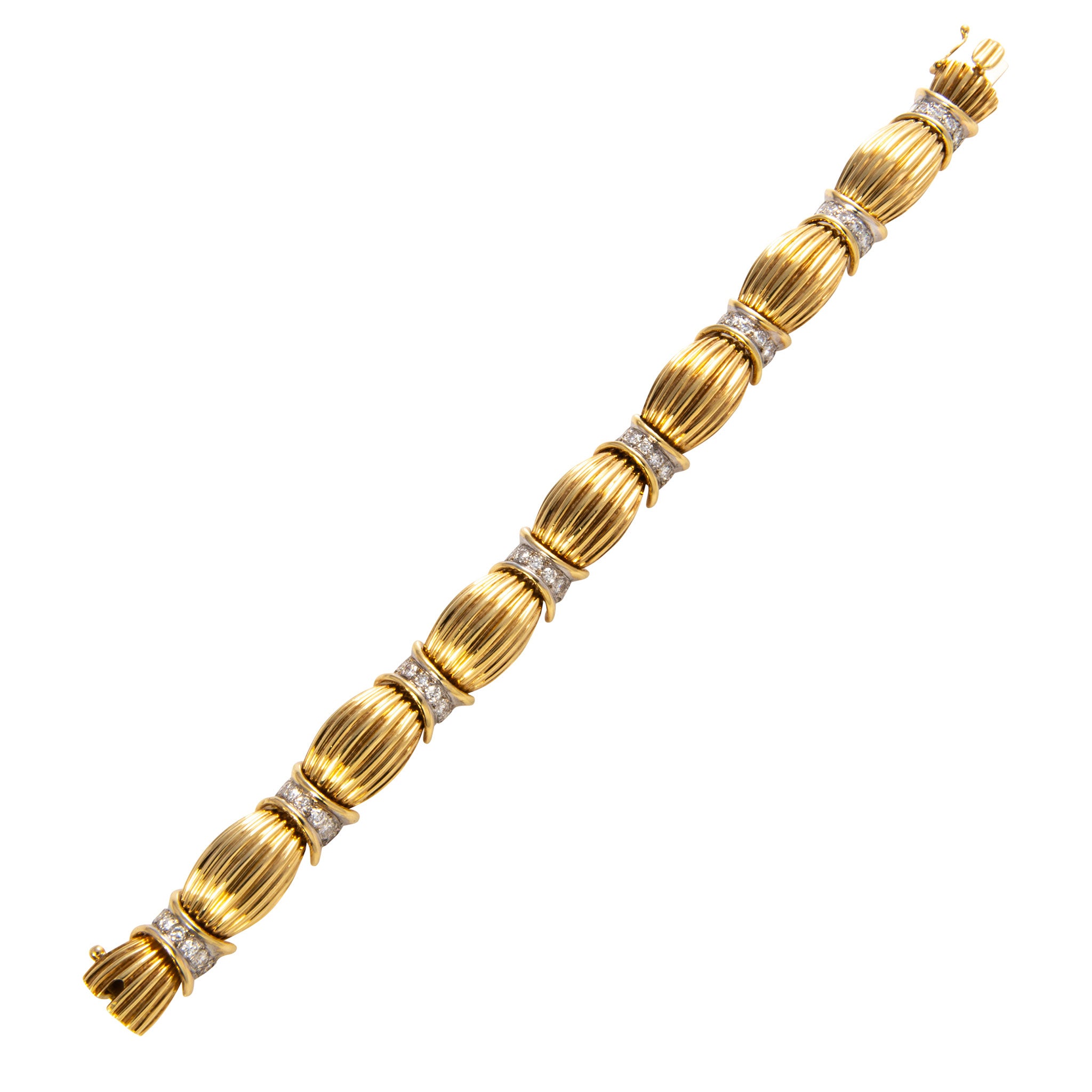 Vintage Diamond 18K Yellow Gold Ribbed Bracelet