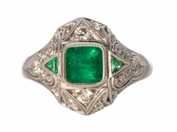 Emerald and Diamond Deco Style Ring