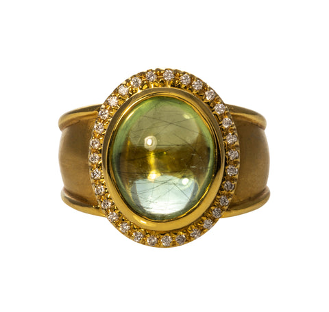 Mazza Peridot Cabochon Diamond 14K Yellow Gold Ring