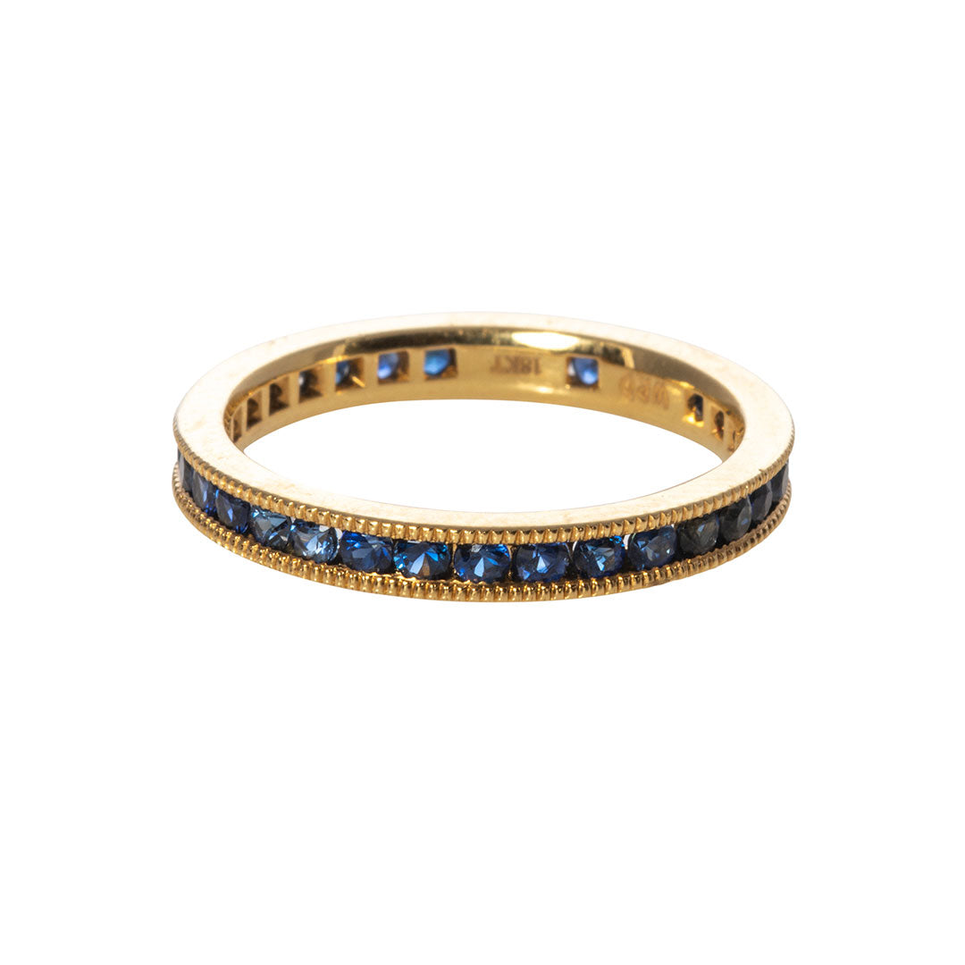 Blue Sapphire Channel Set Milgrain 18K Yellow Gold Eternity Band