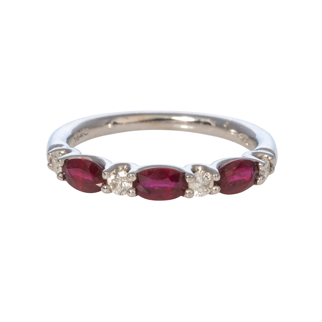 Oval Ruby & Round Diamond 18K White Gold Band