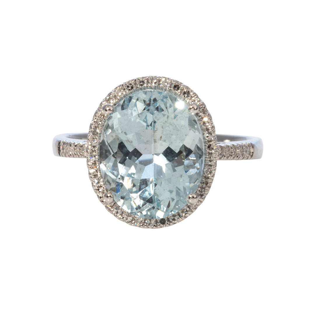 Oval Aquamarine & Diamond Halo 14K White Gold Ring