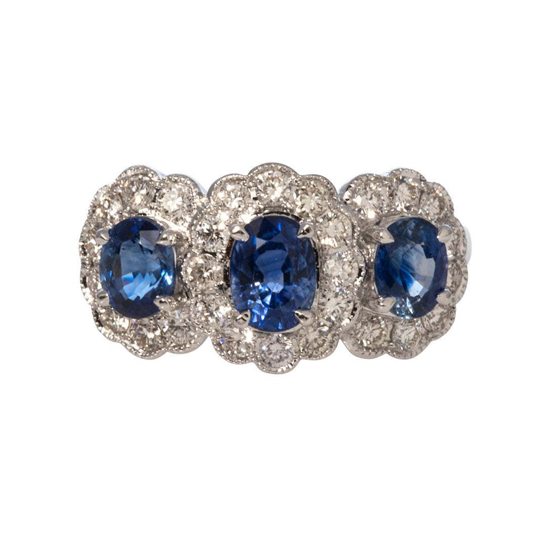 Three Stone Oval Sapphire & Diamond Halo 14K White Gold Ring