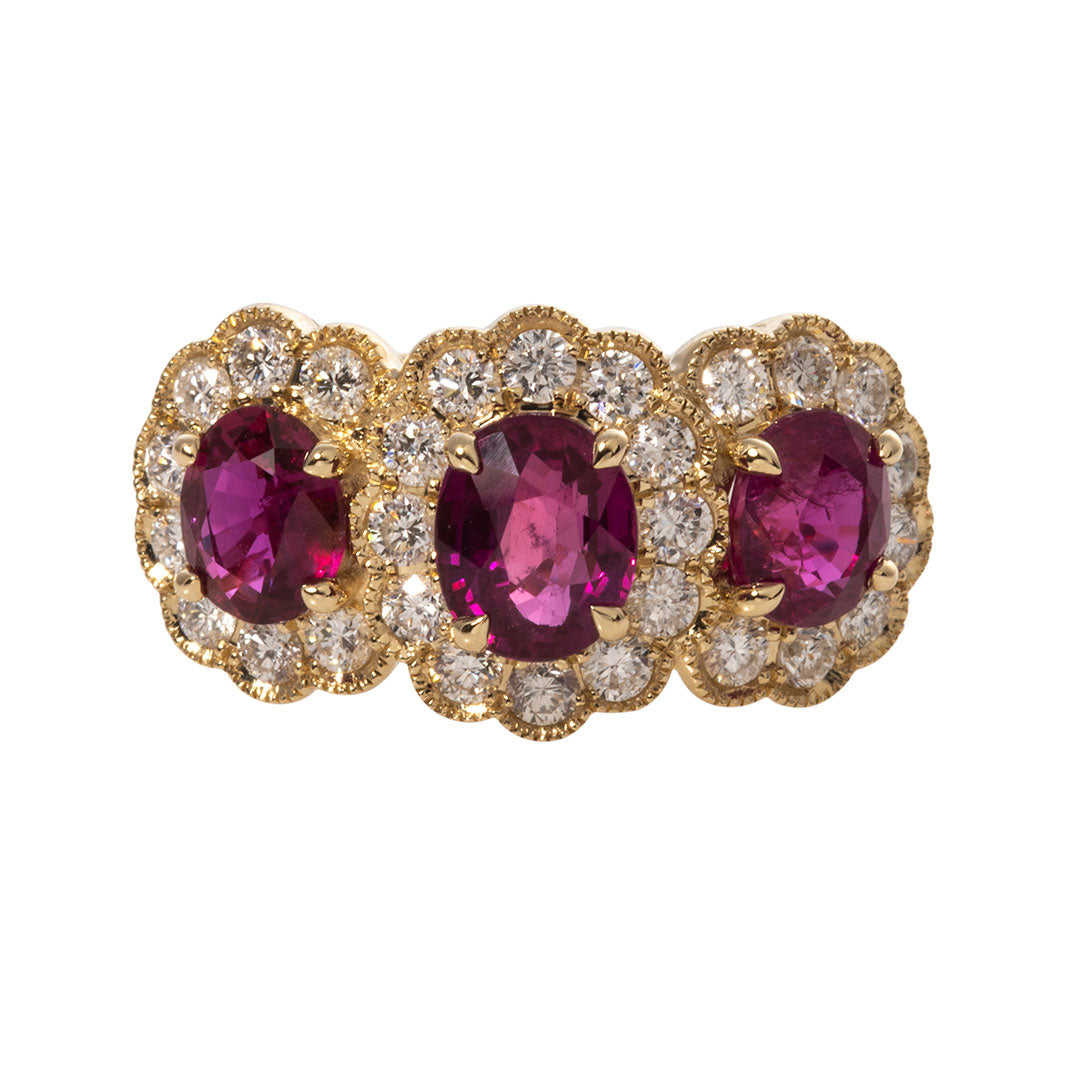 Three-Stone Oval Ruby & Diamond Halo 14K Yellow Gold Ring