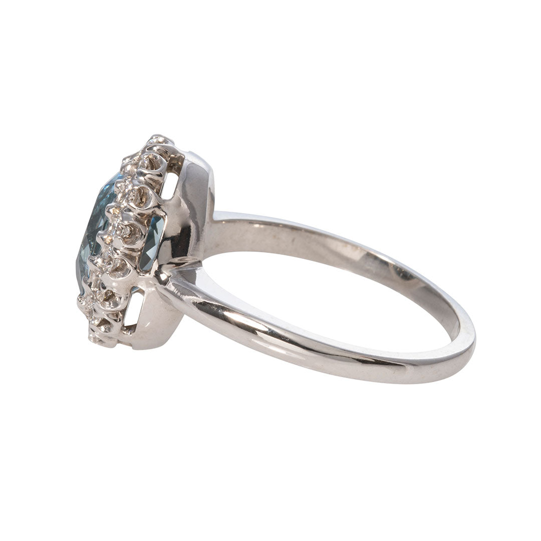 Oval Aquamarine & Diamond Cluster 14K White Gold Ring