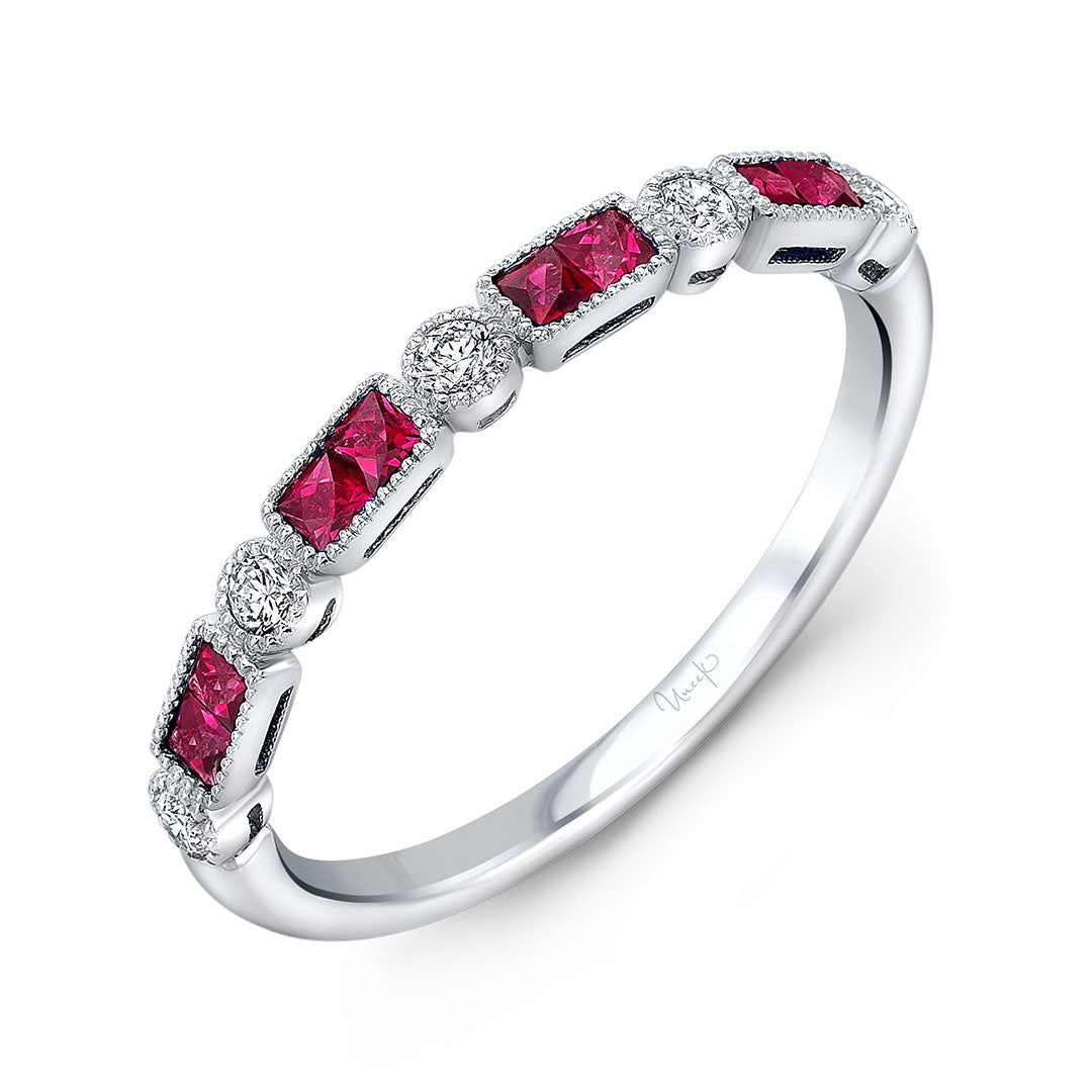 Ruby & Diamond Milgrain 14K White Gold Halfway Band