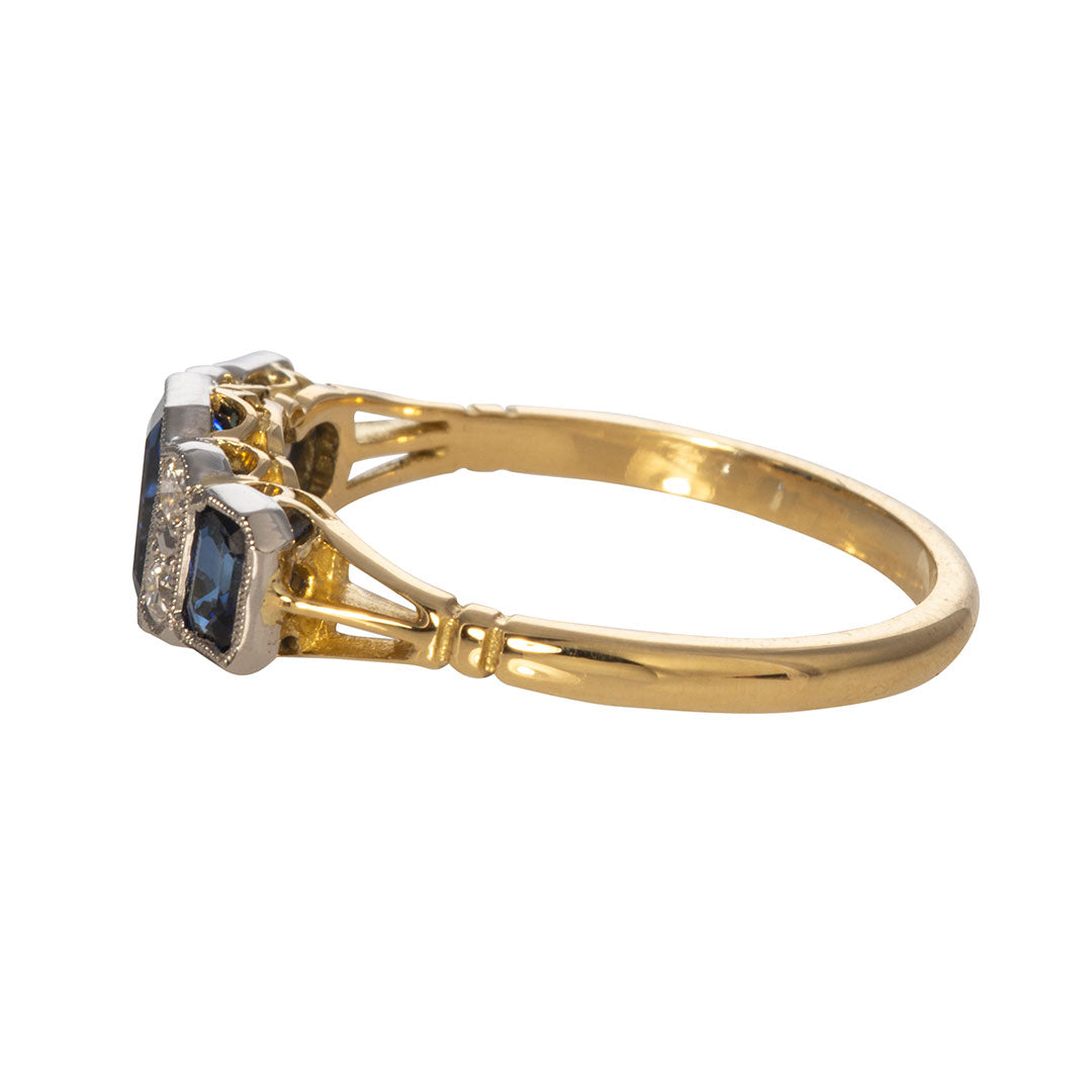 Art Deco Style Three Stone Sapphire & Diamond Ring