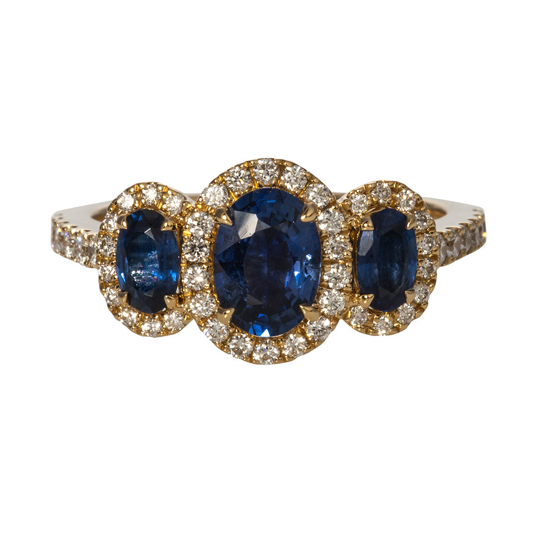 Three Stone Oval Sapphire & Diamond Halo 14K Yellow Gold Ring