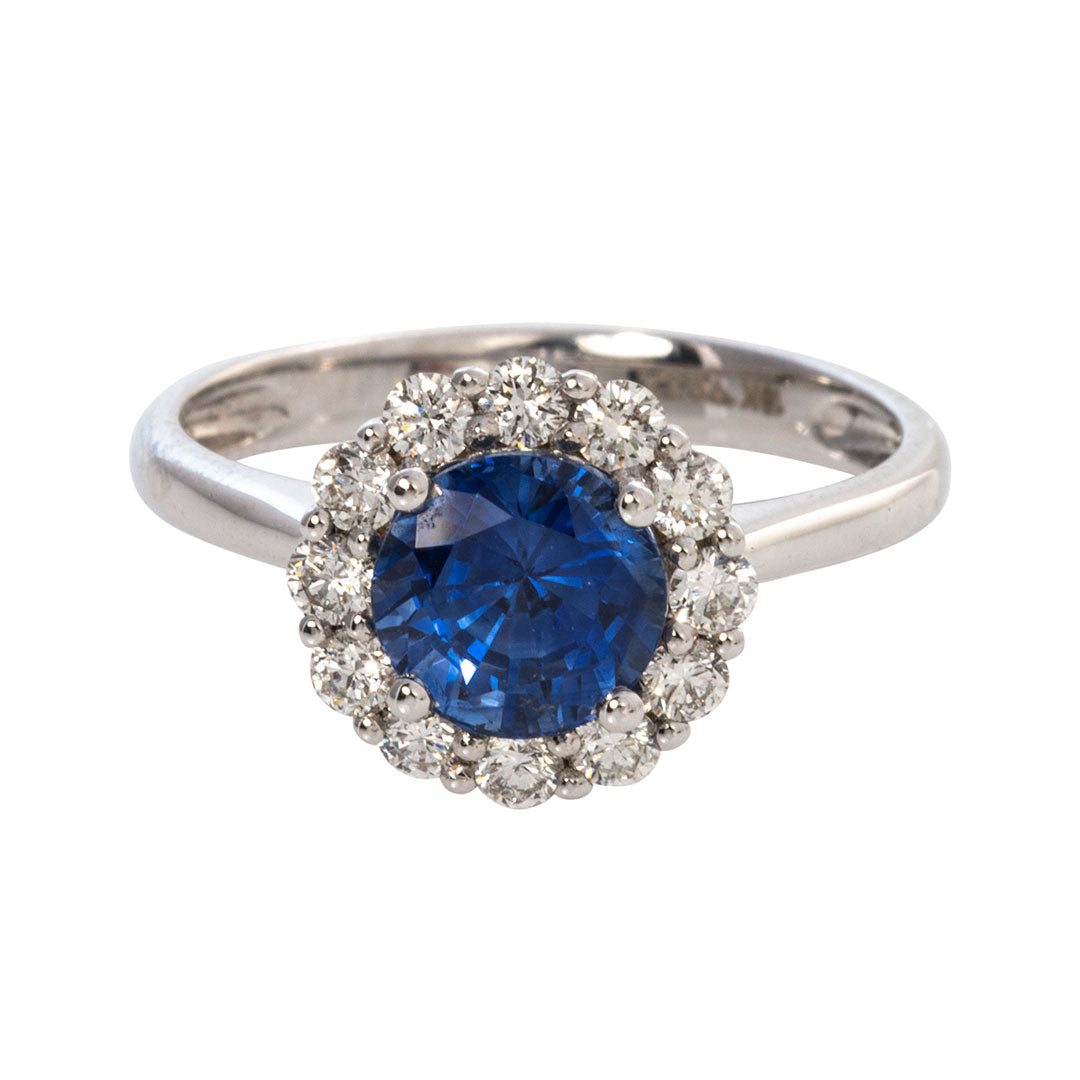 1.88ct Round Sapphire & Diamond Halo 18K White Gold Ring