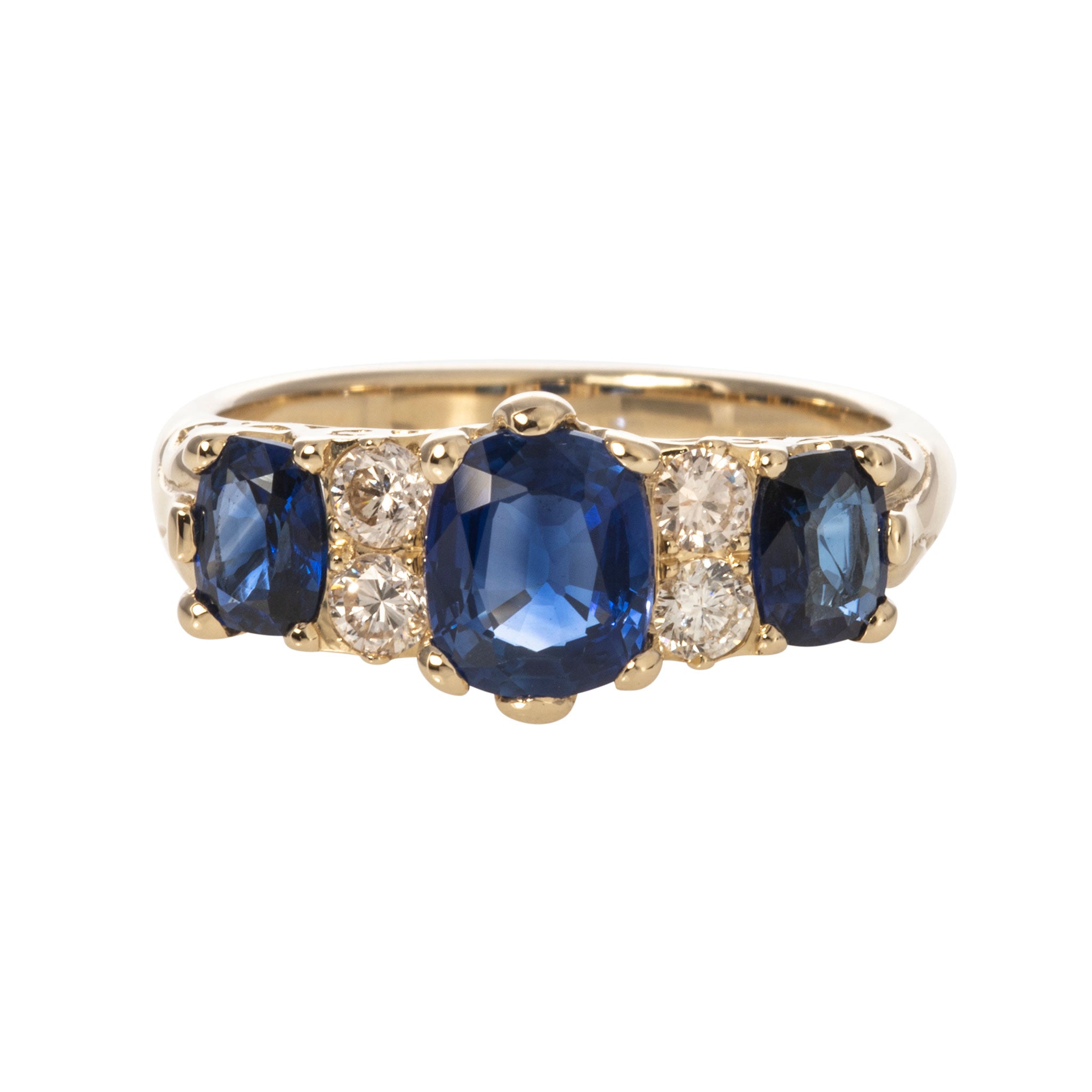 Victorian Style 3 Stone Sapphire & Diamond 14K Gold Ring