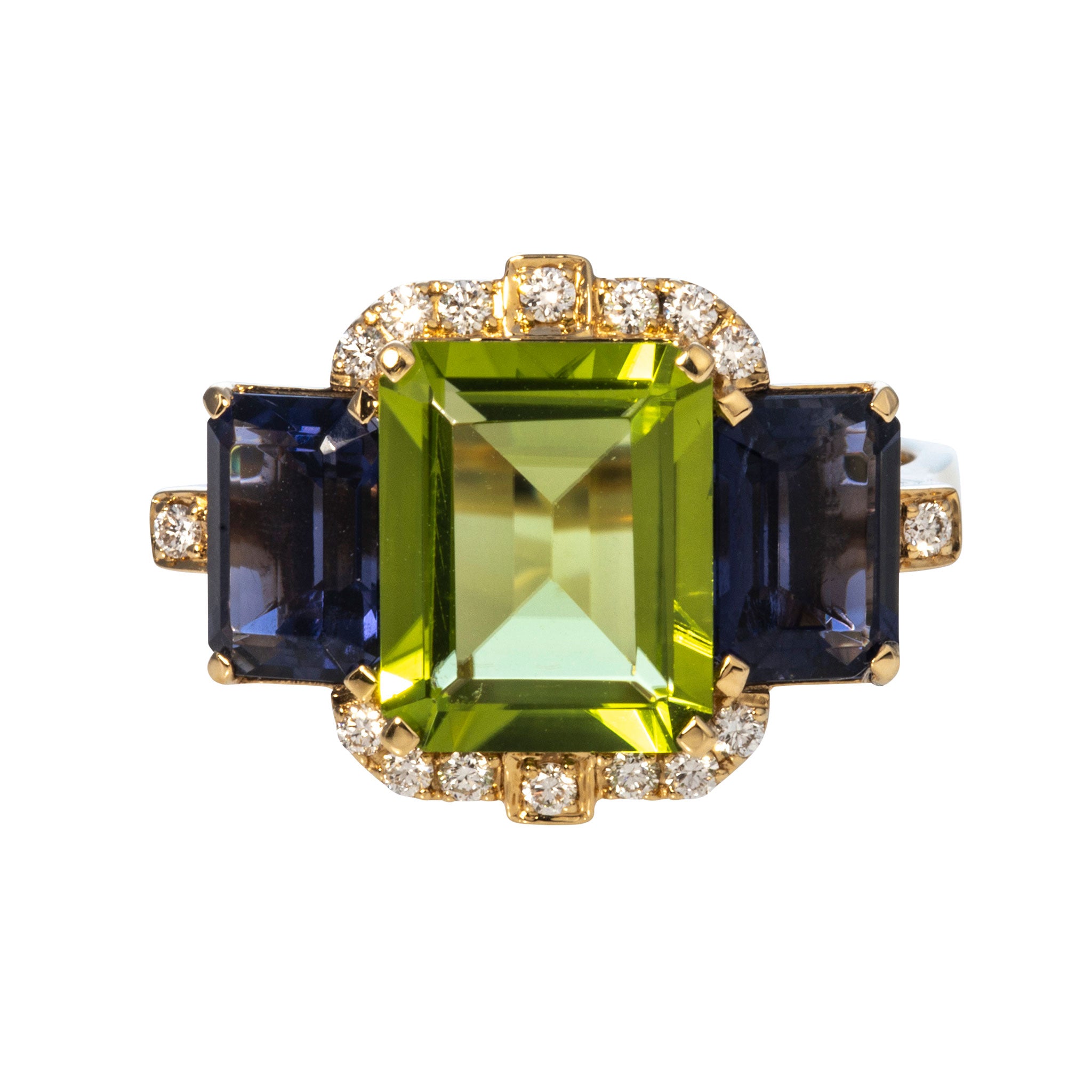 Goshwara 3 Stone Peridot & Iolite 18K Gold Ring