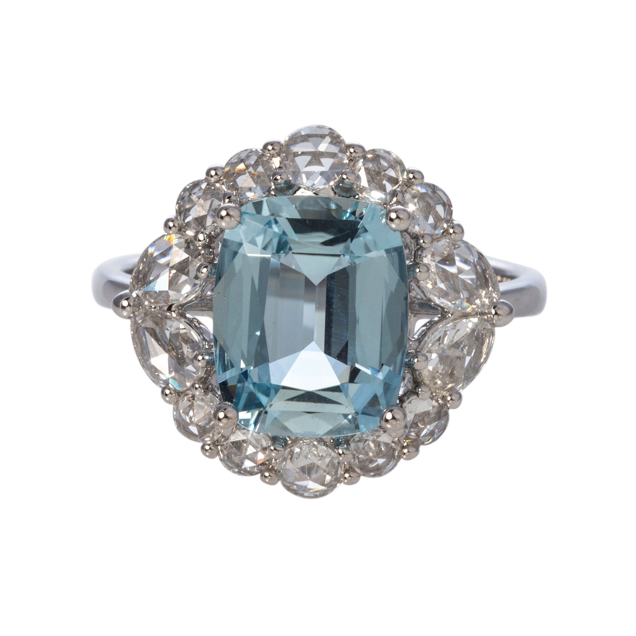 Cushion Aquamarine & Diamond 18K White Gold Ring