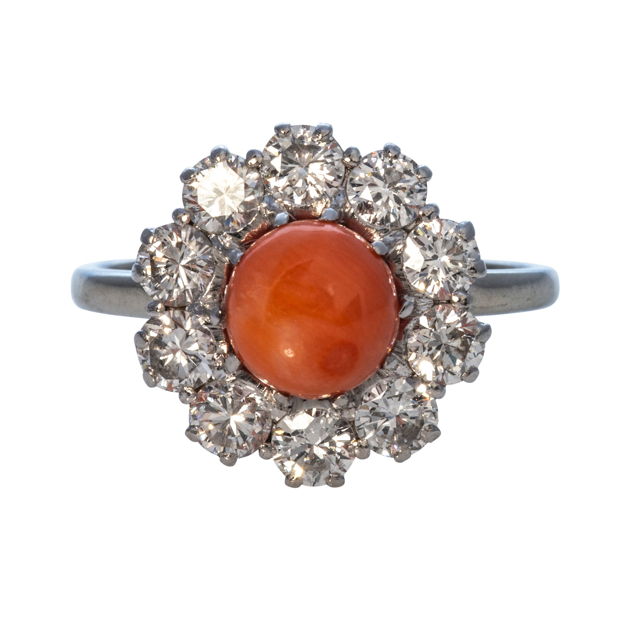 Estate Round Coral & Diamond Platinum 18K Gold Ring