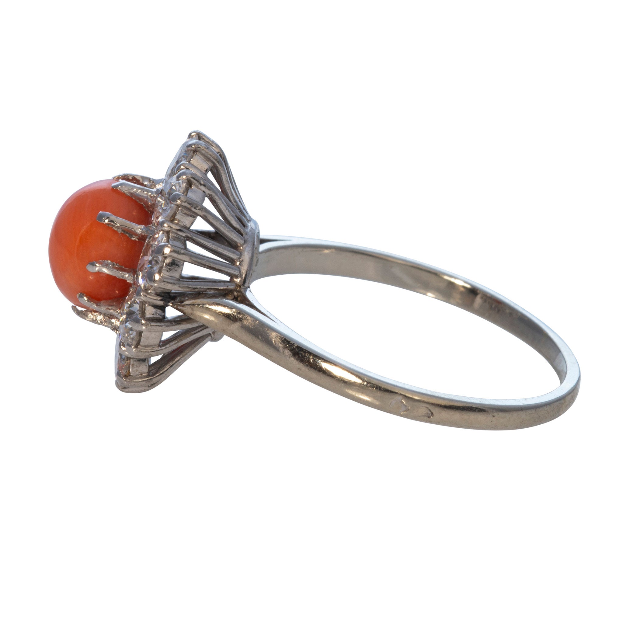 Estate Round Coral & Diamond Platinum 18K Gold Ring