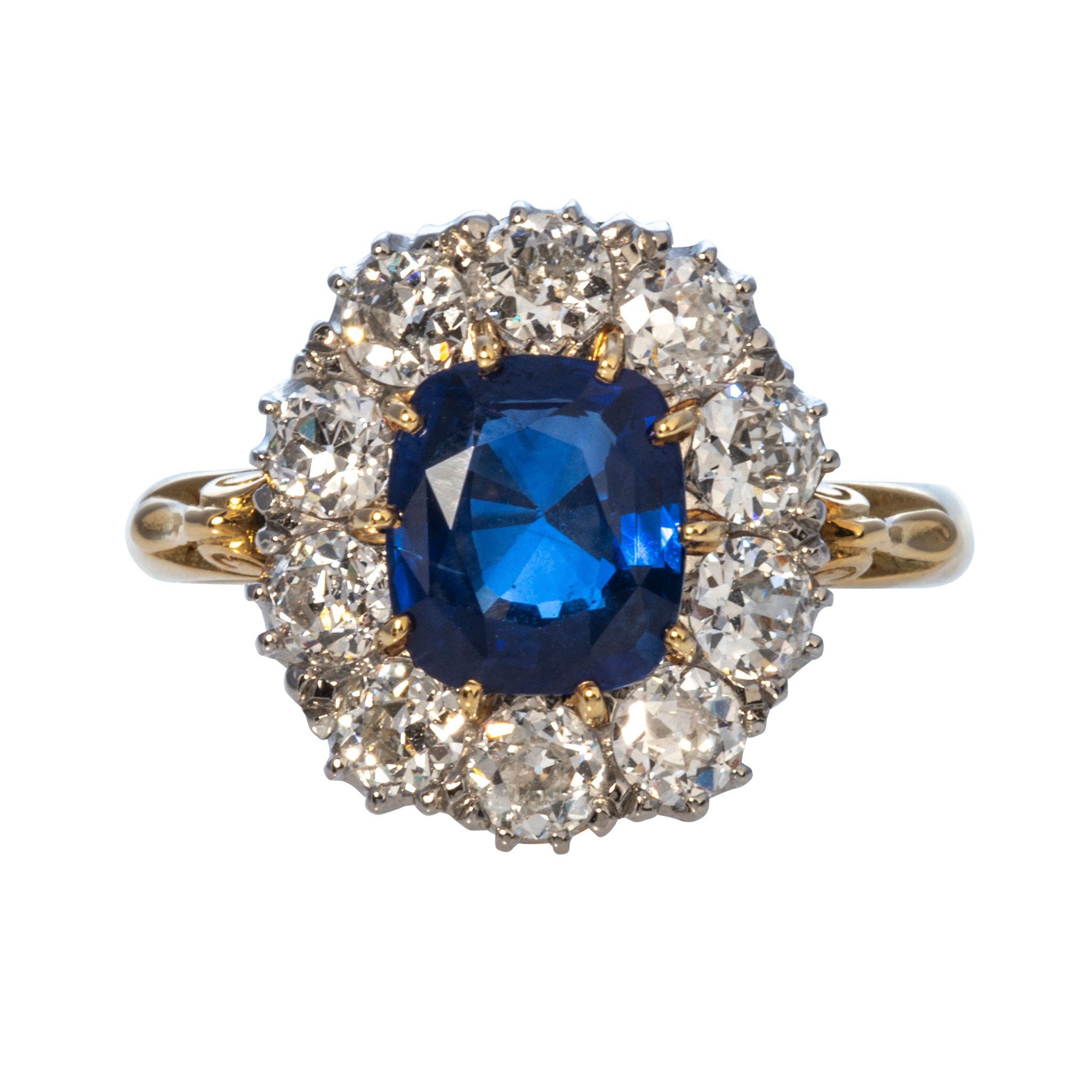 Victorian Style 1.98ct Cushion Sapphire & Diamond Cluster Ring