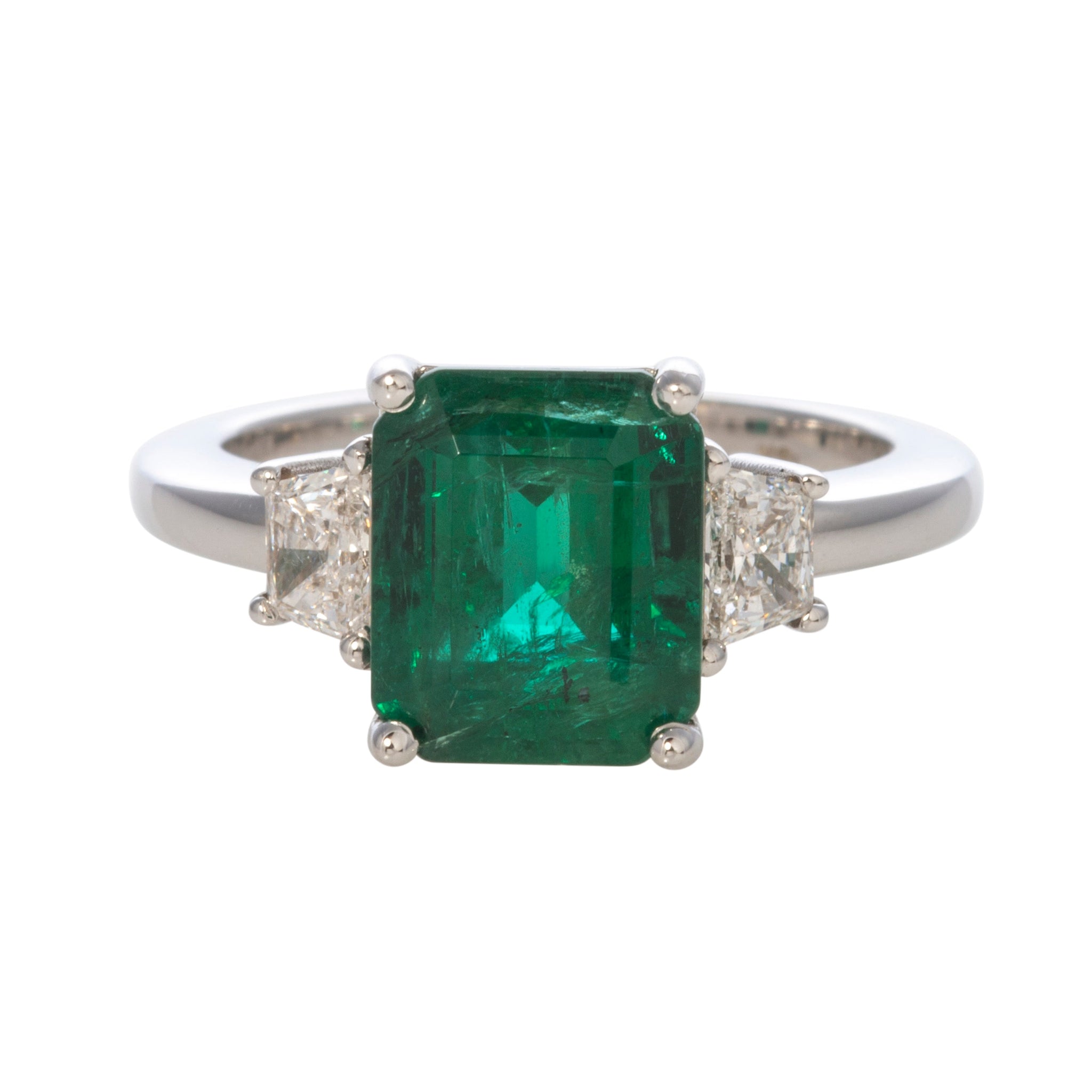 3.39ct Emerald & Diamond Three-Stone 18K Gold Ring