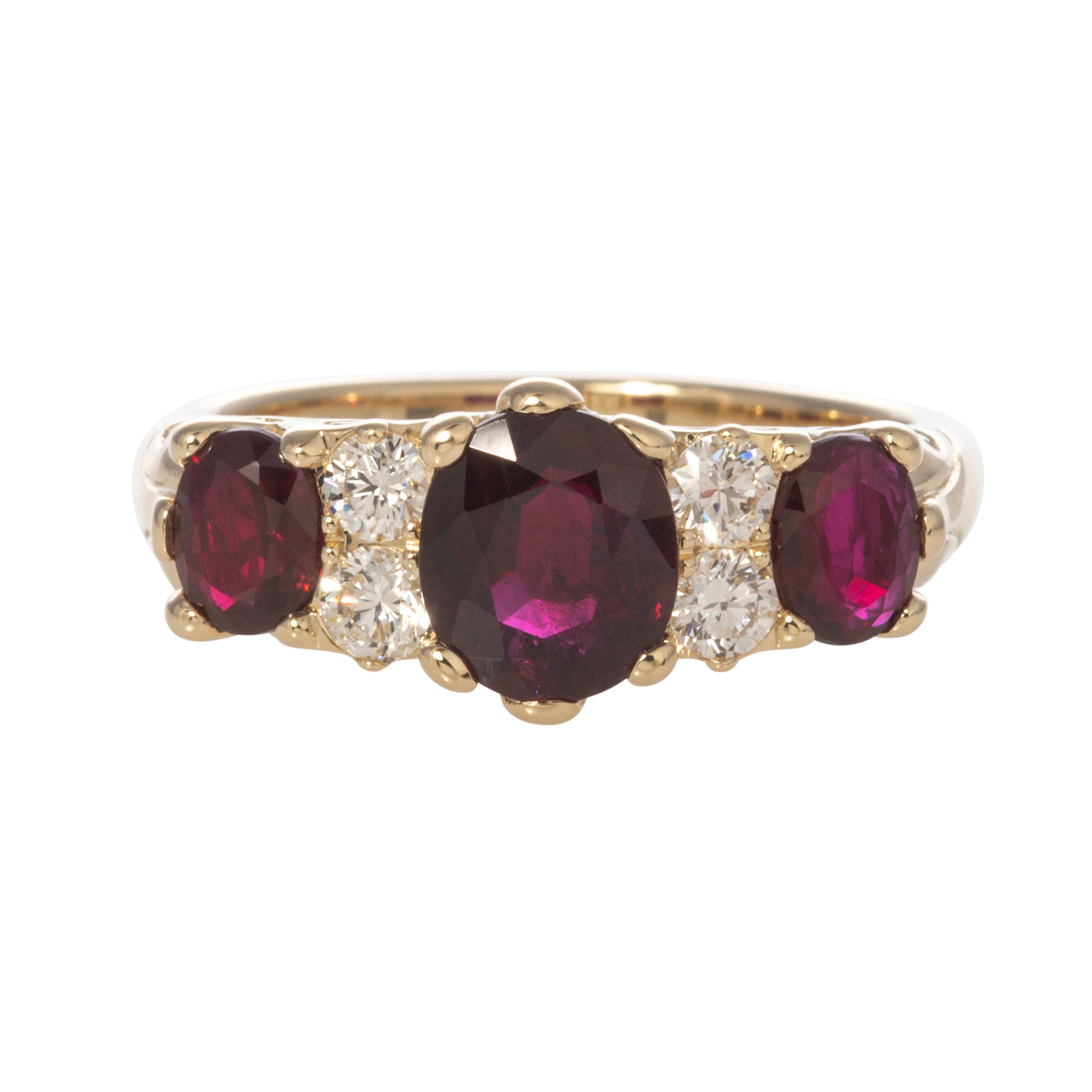 Victorian Style 3-Stone Ruby & Diamond 14K Gold Ring