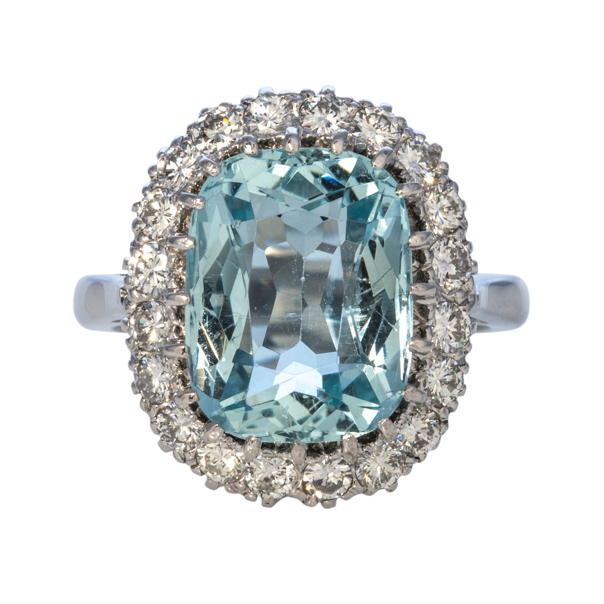 Vintage 6.75ctw Aquamarine & 1ctw Diamond Cluster 18K Gold Ring