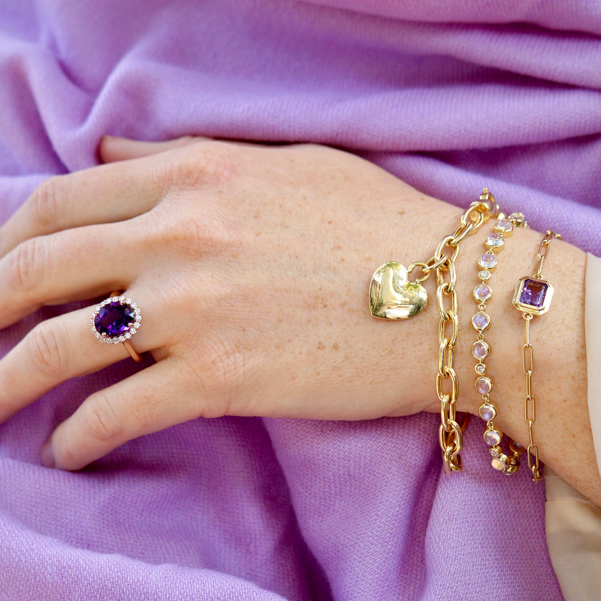 Oval Amethyst & Diamond Halo 14K Rose Gold Ring, 14K Yellow Gold Heart Charm Oval Rolo Link Bracelet, Goshwara Emerald-Cut Amethyst 18K Gold Bracelet, Temple St. Clair Blue Moon Link Bracelet