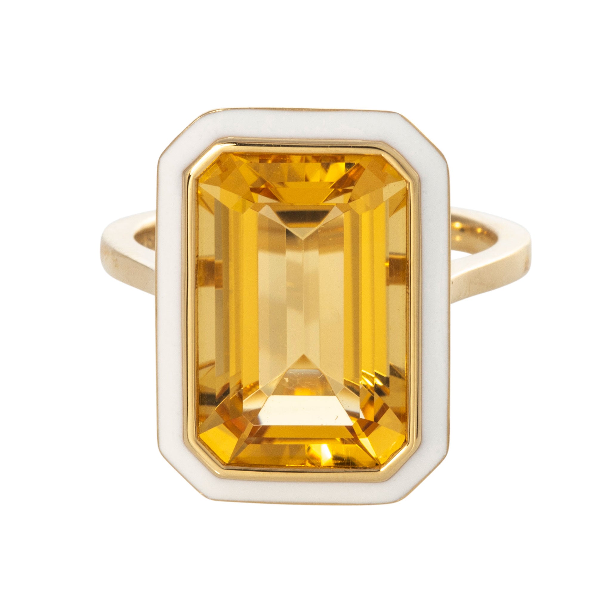 Goshwara Emerald-Cut Citrine & White Enamel 18K Gold Ring