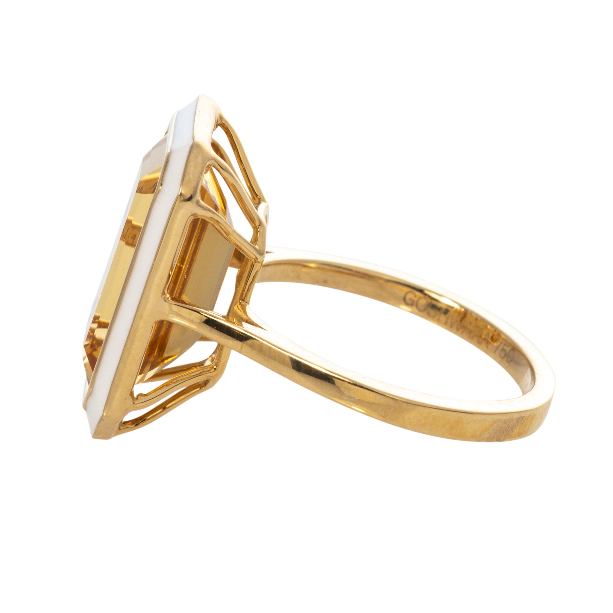 Goshwara Emerald-Cut Citrine & White Enamel 18K Gold Ring