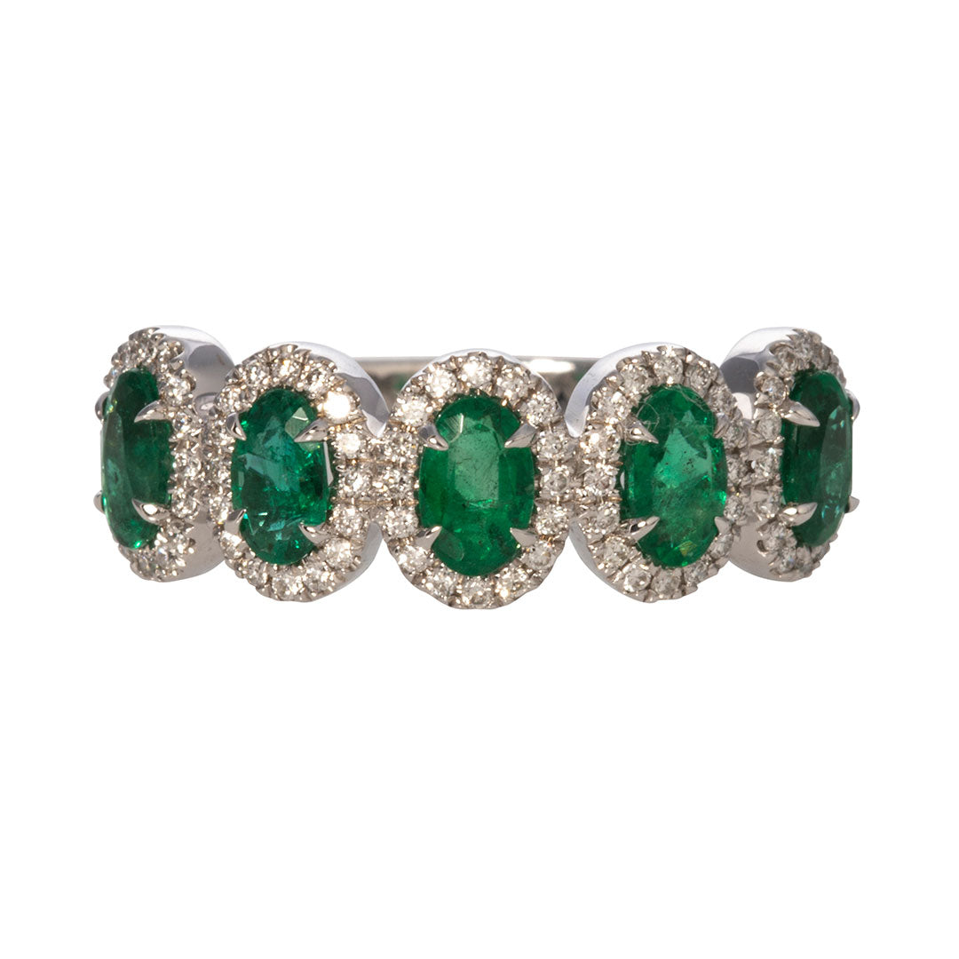 Five Stone Oval Emerald & Diamond Halo 14K White Gold Ring