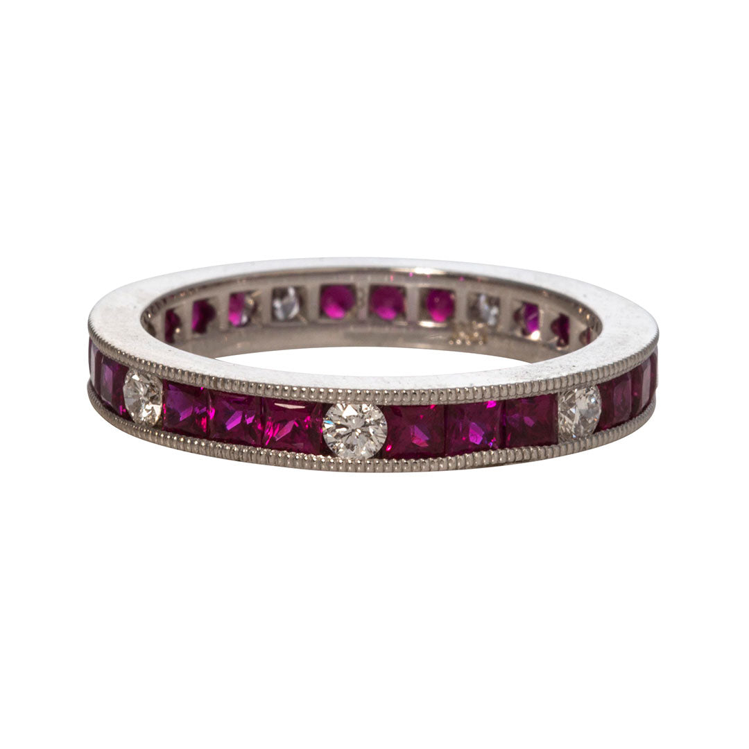 Ruby & Diamond Channel Set Milgrain 18K Gold Eternity Band