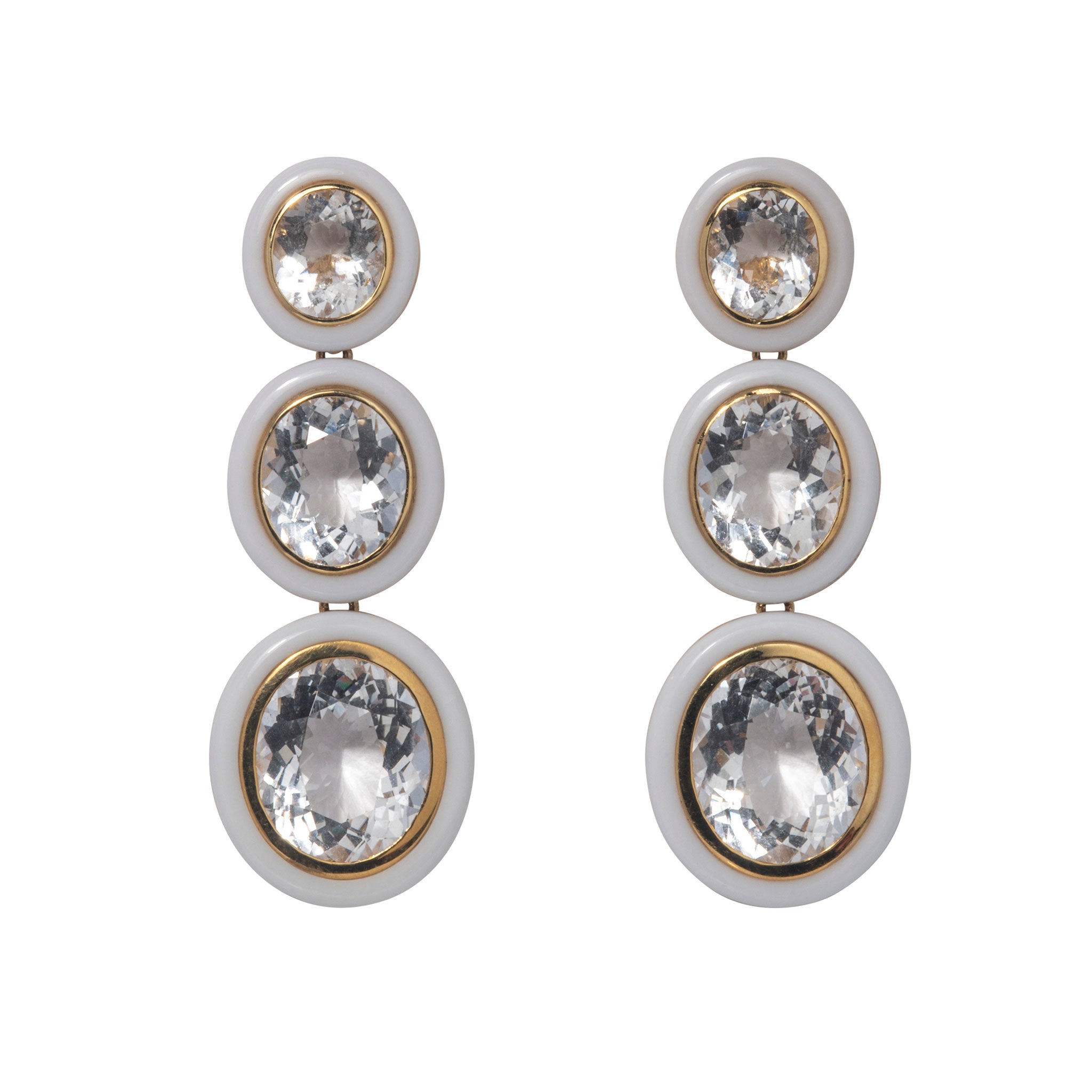 Goshwara Oval Rock Crystal & White Agate Inlay 18K Gold Drop Earrings