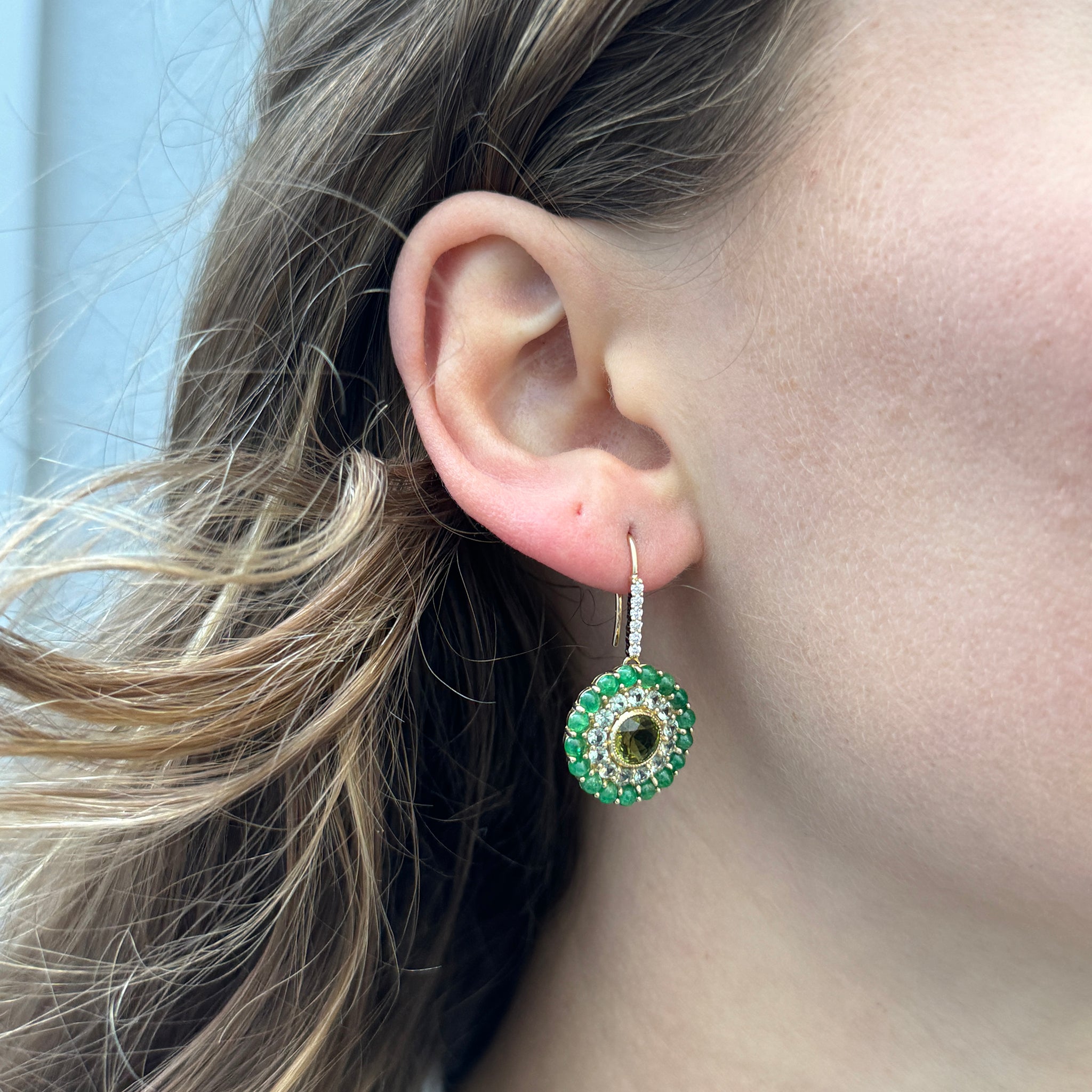 Emerald, Green Tourmaline & Sapphire 14K Yellow Gold Earrings