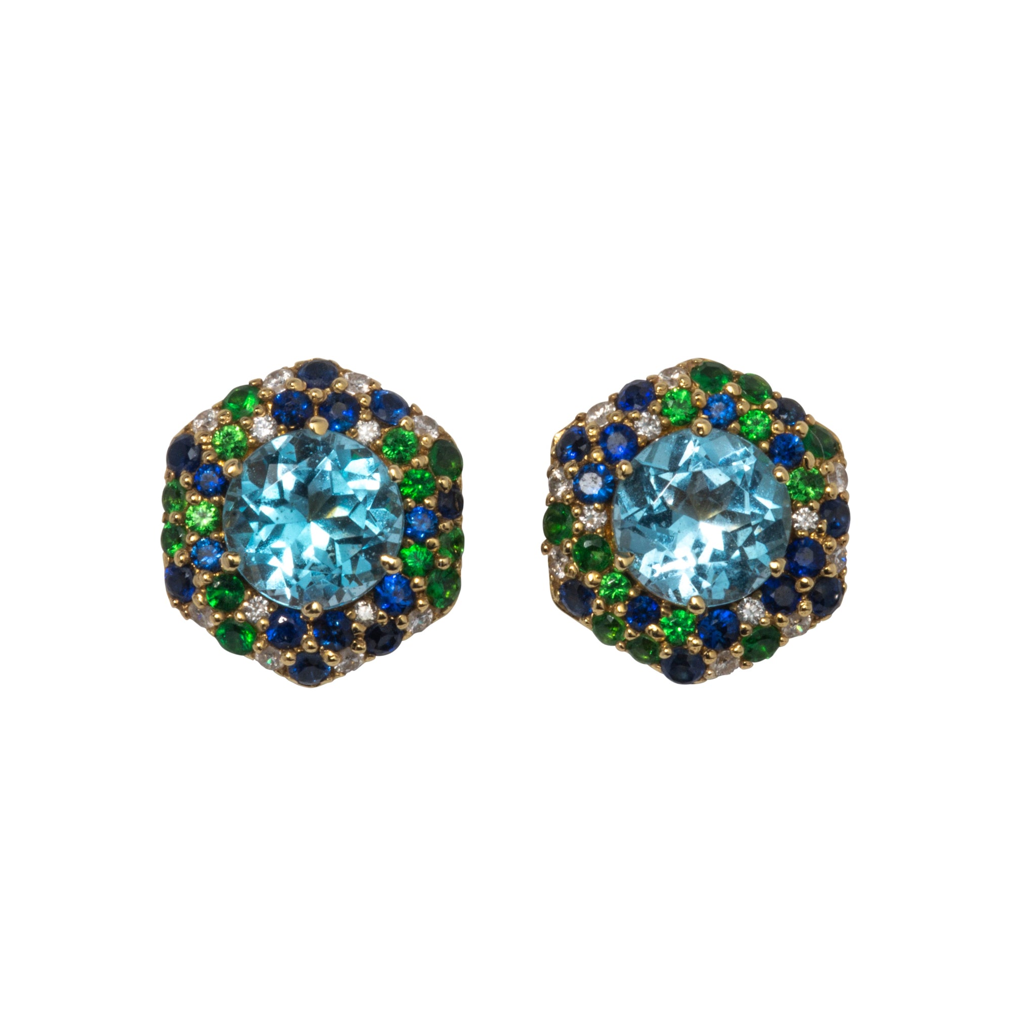 Goshwara Blue Topaz & Mixed Pavé 18K Gold Hexagon Stud Earrings