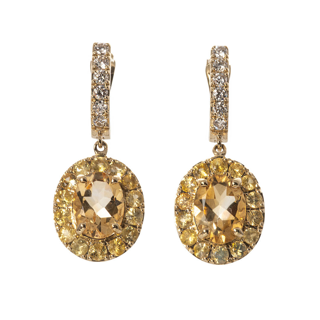 Citrine, Yellow Sapphire, Diamond 14K Gold Drop Earrings