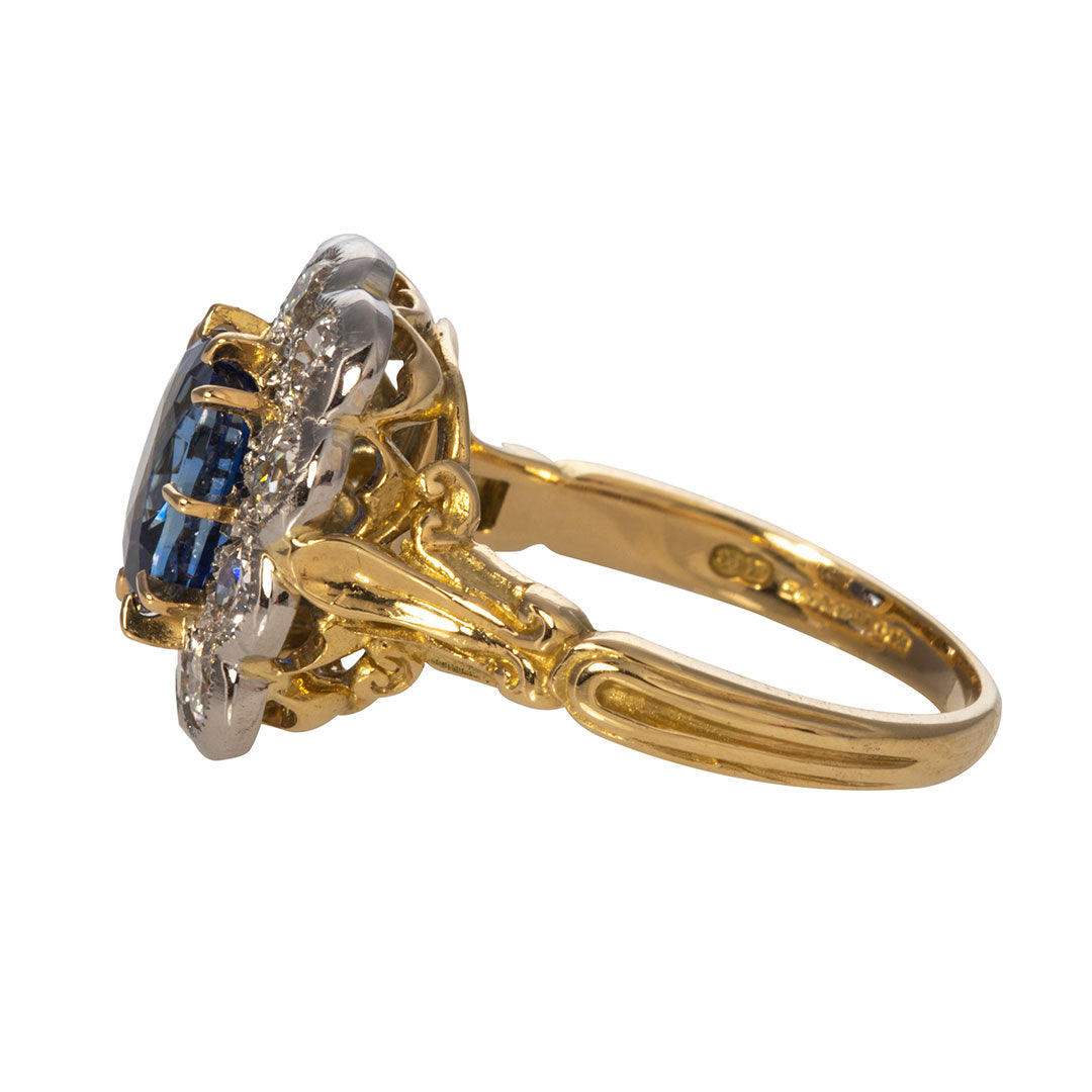 Victorian Style 2.37ct Cushion Sapphire & Diamond Cluster Milgrain Ring