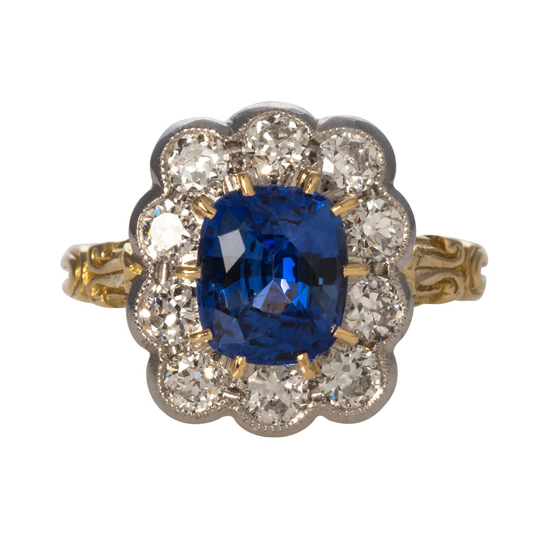 Victorian Style 2.37ct Cushion Sapphire & Diamond Cluster Milgrain Ring